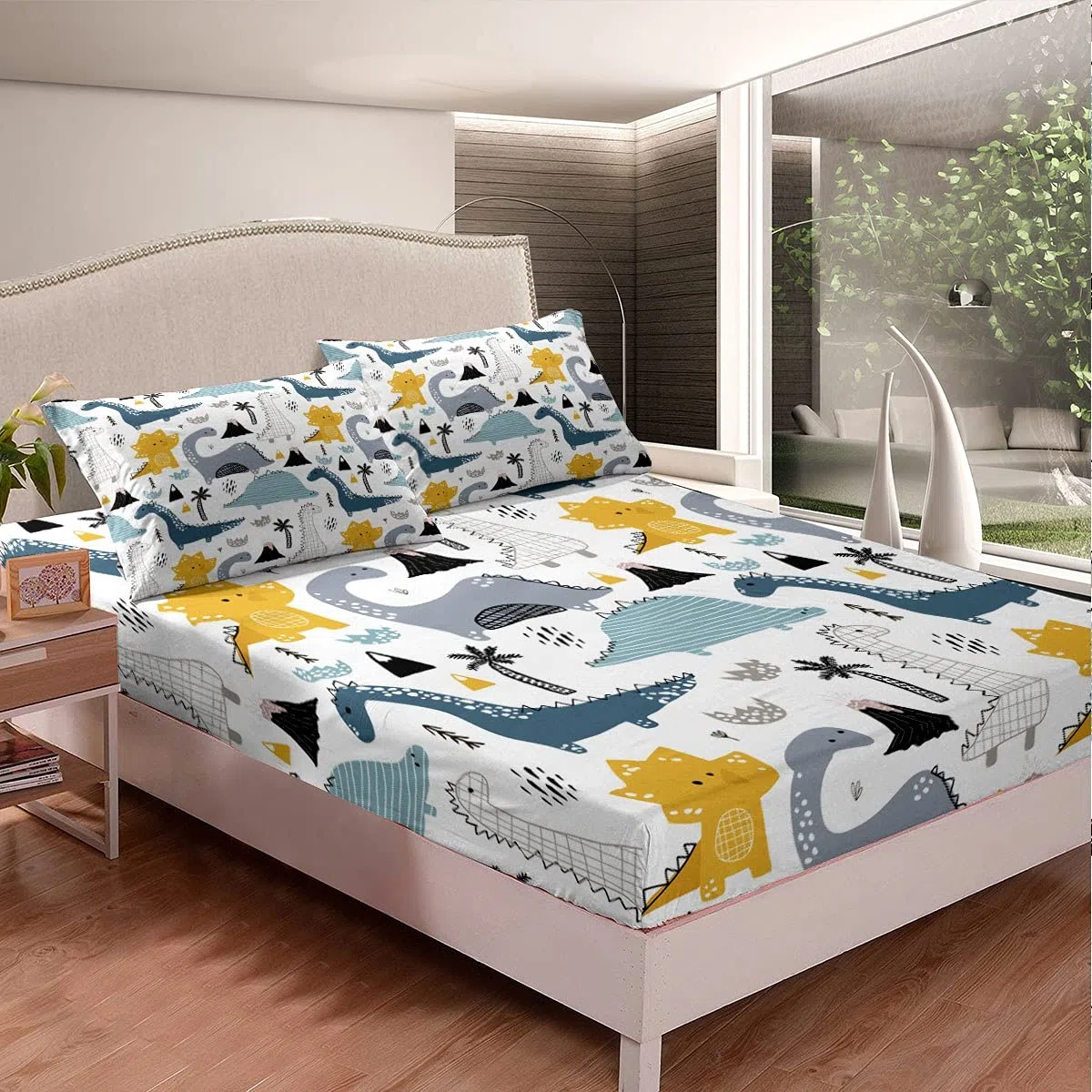 Set di lenzuola con dinosauro, set di biancheria da letto con dinosauro, set di biancheria da letto per bambini, animali con angoli, motivo cartone animato, 3 pezzi,