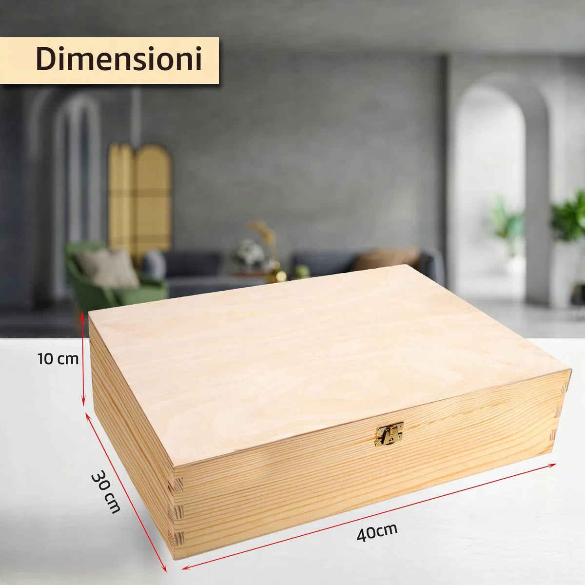 Scatola di legno con coperchio, portaoggetti, decorativa, per artigianati e come confezione per regali, 40 x 30 x 10 cm, in legno naturale