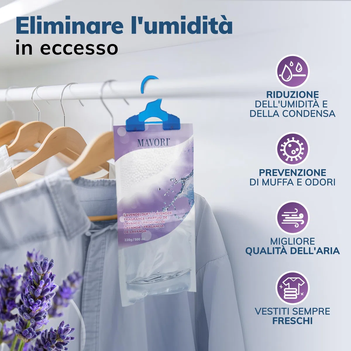 Set 10 deumidificatori XL da appendere | deumidificatori a sacchetti | deumidificatore da armadio e assorbiumidità per ambienti contro umidità, fino a 500 ml per sacchetto (Profumo di lavanda)