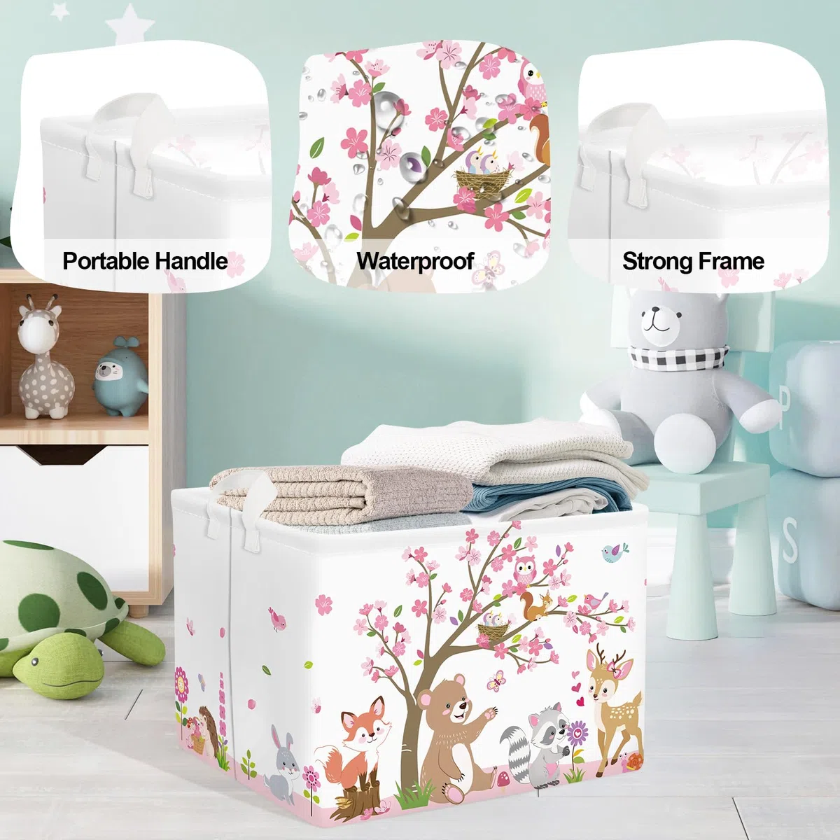 Grande Cesta Porta Biancheria Animale Della Foresta Pieghevole Cestini Portaoggetti Giocattoli/Vestiti per Genitore Cesta Indumenti Sporchi per Bagno, Rosa, 36L