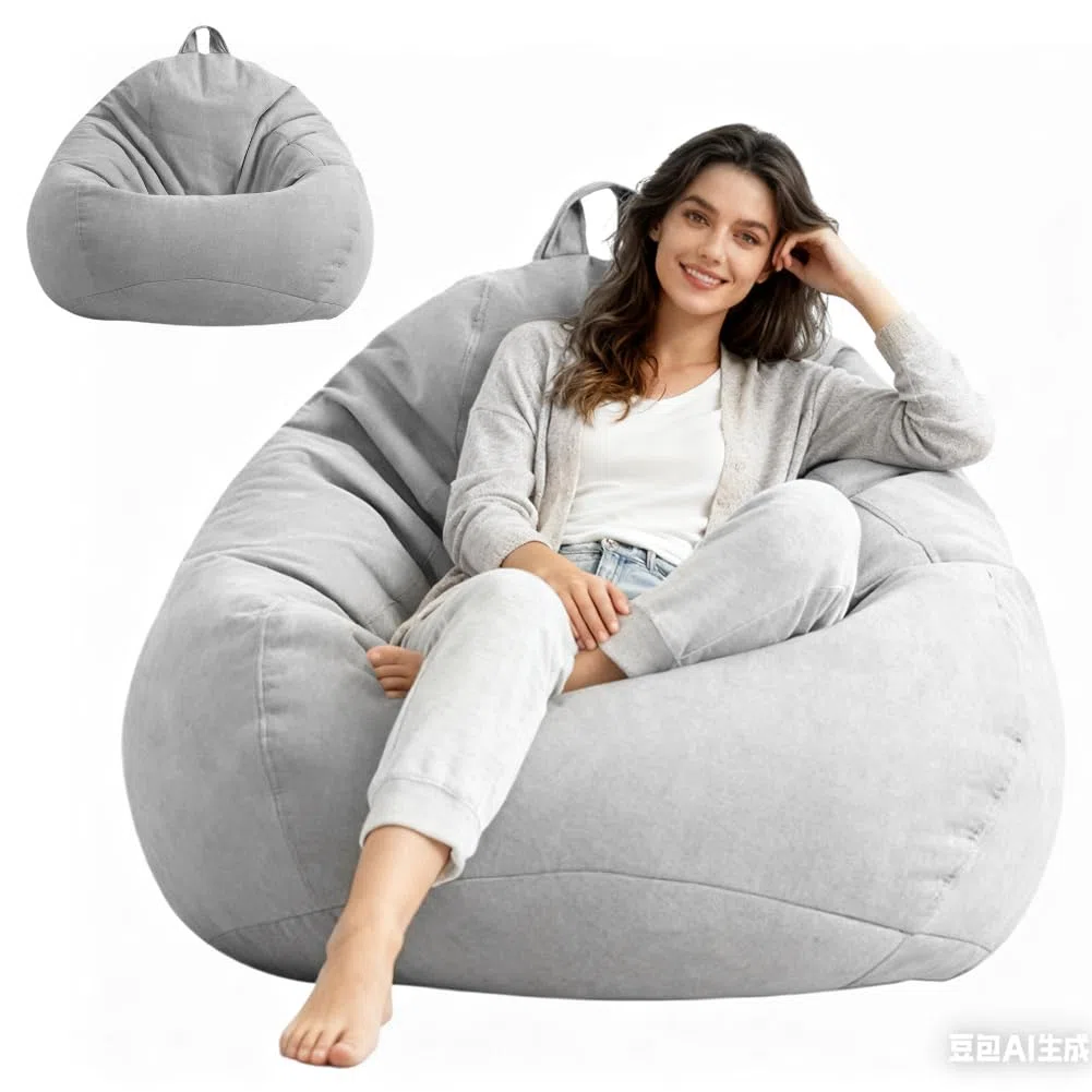 Pouf XL, rivestimento per pouf, pouf a forma di goccia, solo rivestimento (senza imbottitura), per adulti e bambini, da gioco, per soggiorno, divano, esterno, 100 x 120 cm (grigio chiaro)