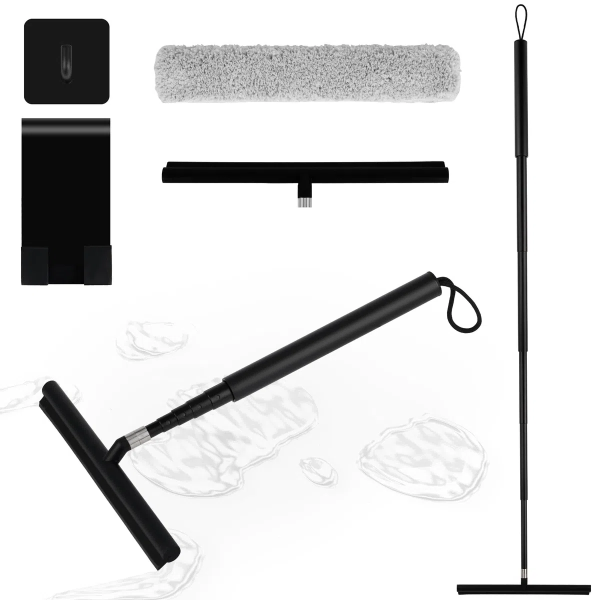 Tergivetro per Doccia,Tira Acqua da Doccia Estensibile 24-119.5cm,Lavavetri con Manico Telescopico, Silicone Pulisci Vetro Doccia per la Pulizia di Pareti, Piastrelle e Finestre della Doccia-Nero