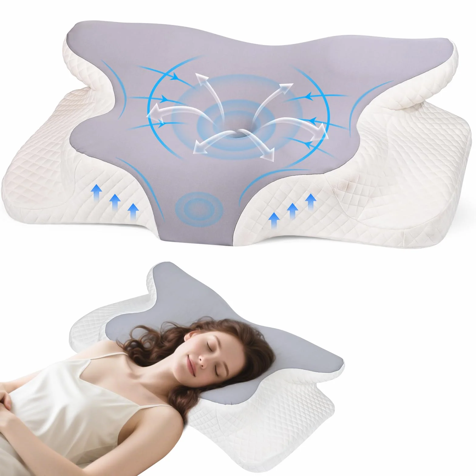 Dreamhigh® Cuscino Cervicale per Dormire, 2 in 1 Cuscino Memory Foam, Sollievo Efficace dal Dolore, Cuscino Ortopedico per Dormire sul Fianco, Schiena e Pancia, 63 x 42 cm x 9/12 cm