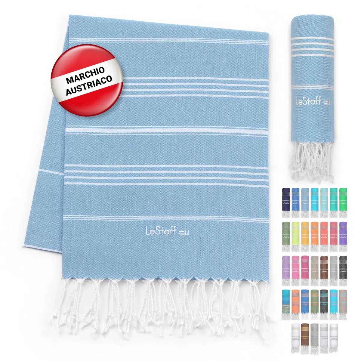 LeStoff Panno per hammam di alta qualità, versatile, sostenibile, assorbente e ad asciugatura rapida, 100% cotone biologico, spiaggia, bagno, doccia, yoga, spa e da viaggio (95 x 180 cm, blu chiaro)