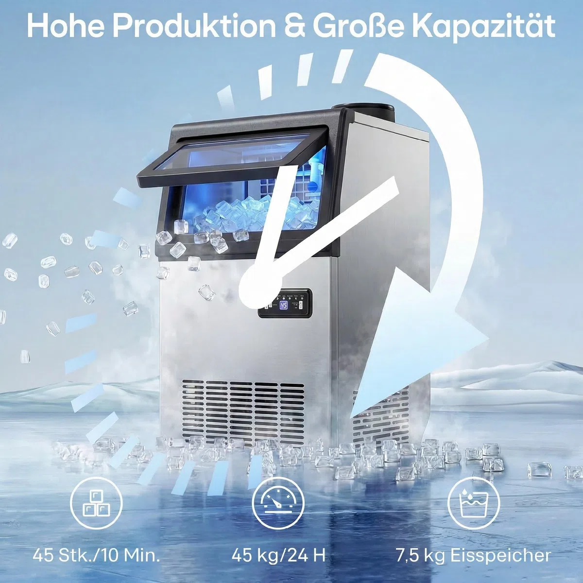 HOMCOM Macchina per cubetti di ghiaccio commerciale 45 kg/24 H autopulente Gelatiera con 7,5 kg di memoria, timer, Ice Maker Machine in acciaio inox con paletta per ghiaccio per bar, ufficio