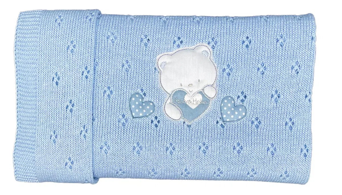 ANDY & HELEN - Coperta estiva in filo di cotone con orsetto per culla e passeggino 75 x 90 cm (azzurro)