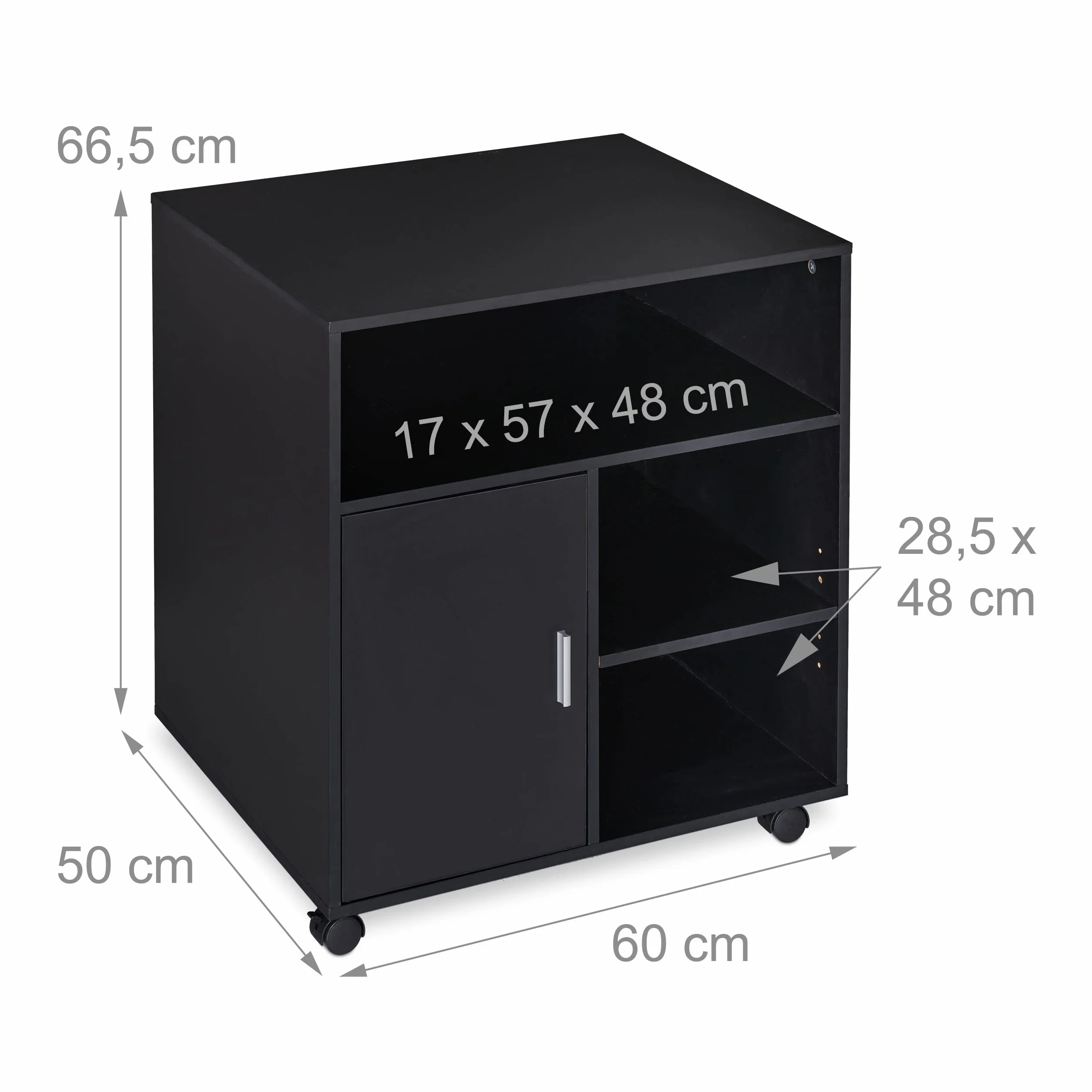 Relaxdays Carrello Porta Stampante, 5 Scomparti e Anta, per Ufficio, Mobiletto con Ruote, HxLxP 66,5 x 60 x 50 cm, Nero