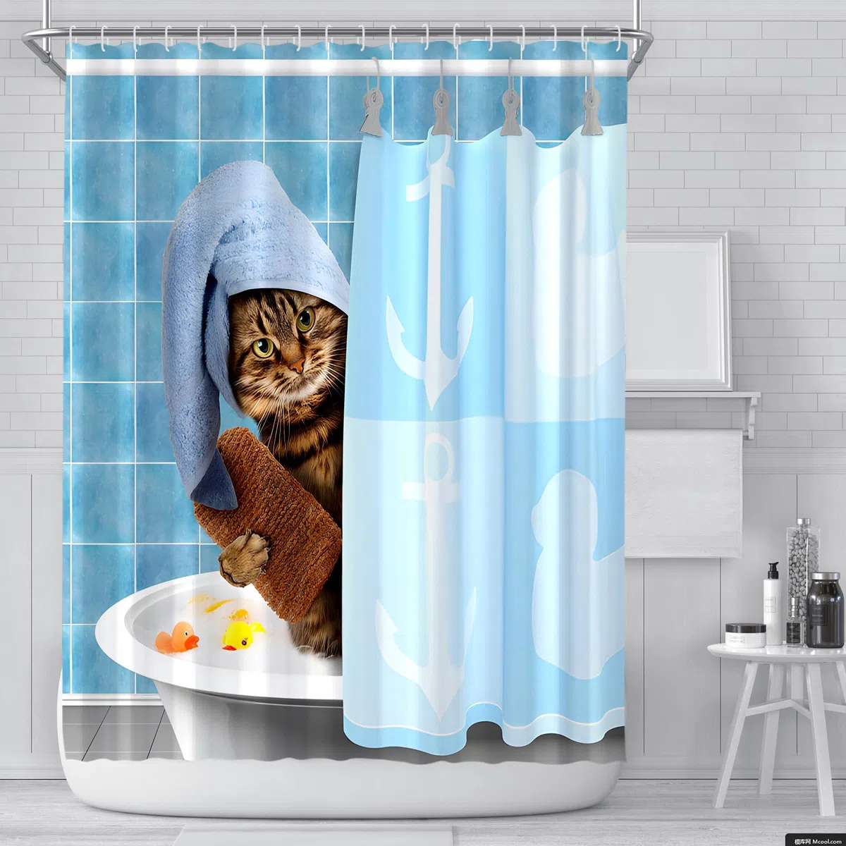 Tenda da doccia con gatto, 180 x 180 cm, impermeabile, antimuffa, con 12 ganci per doccia, blu, divertente, per vasca da bagno, doccia, per bambini, lavabile, in poliestere, per vasca da bagno