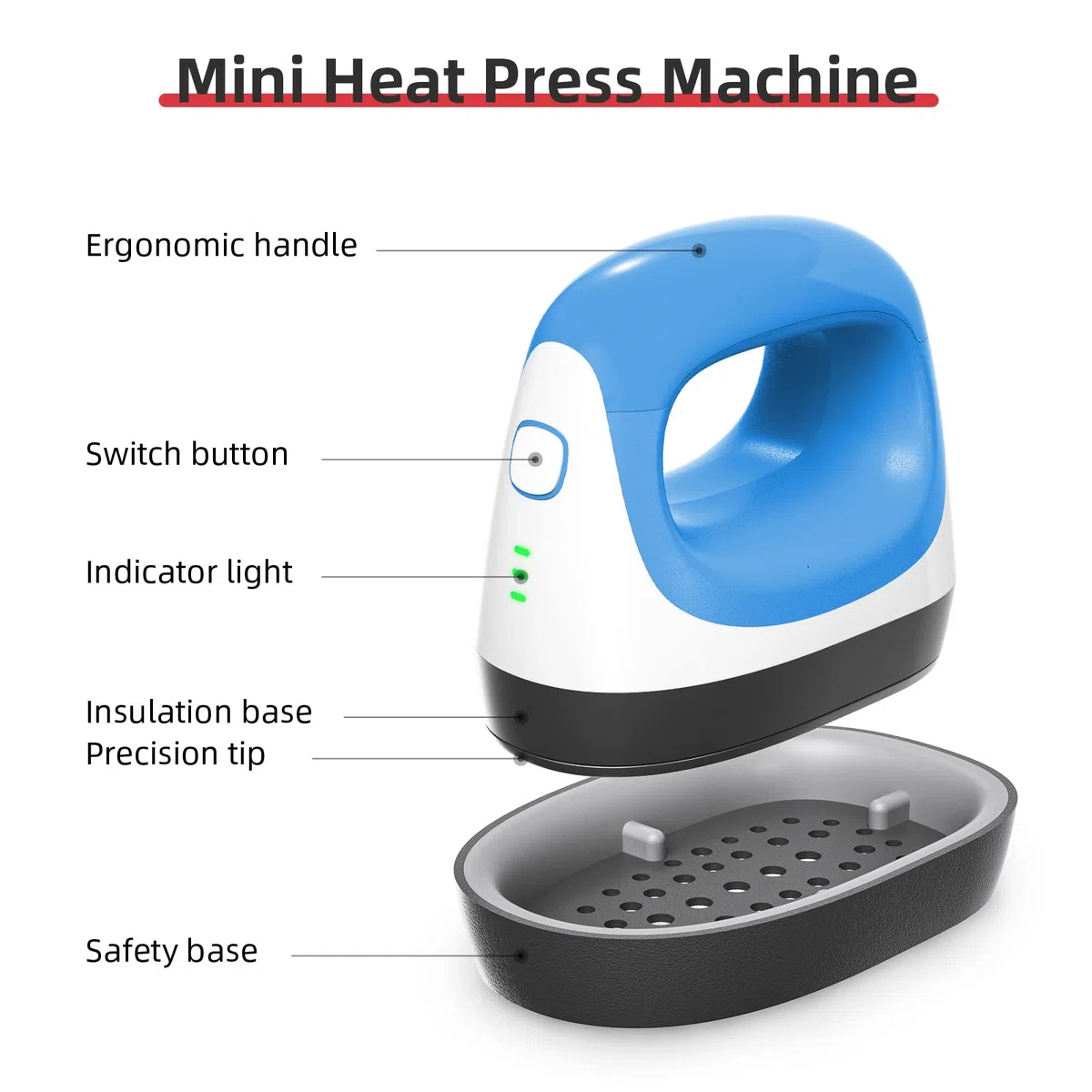 Mini pressa di trasferimento 2.0 generazione blu-bianco, pressa a caldo precisa con spegnimento automatico e cavo da 1,7 m per magliette, scarpe e progetti HTV fai da te, incluso tappetino in silicone