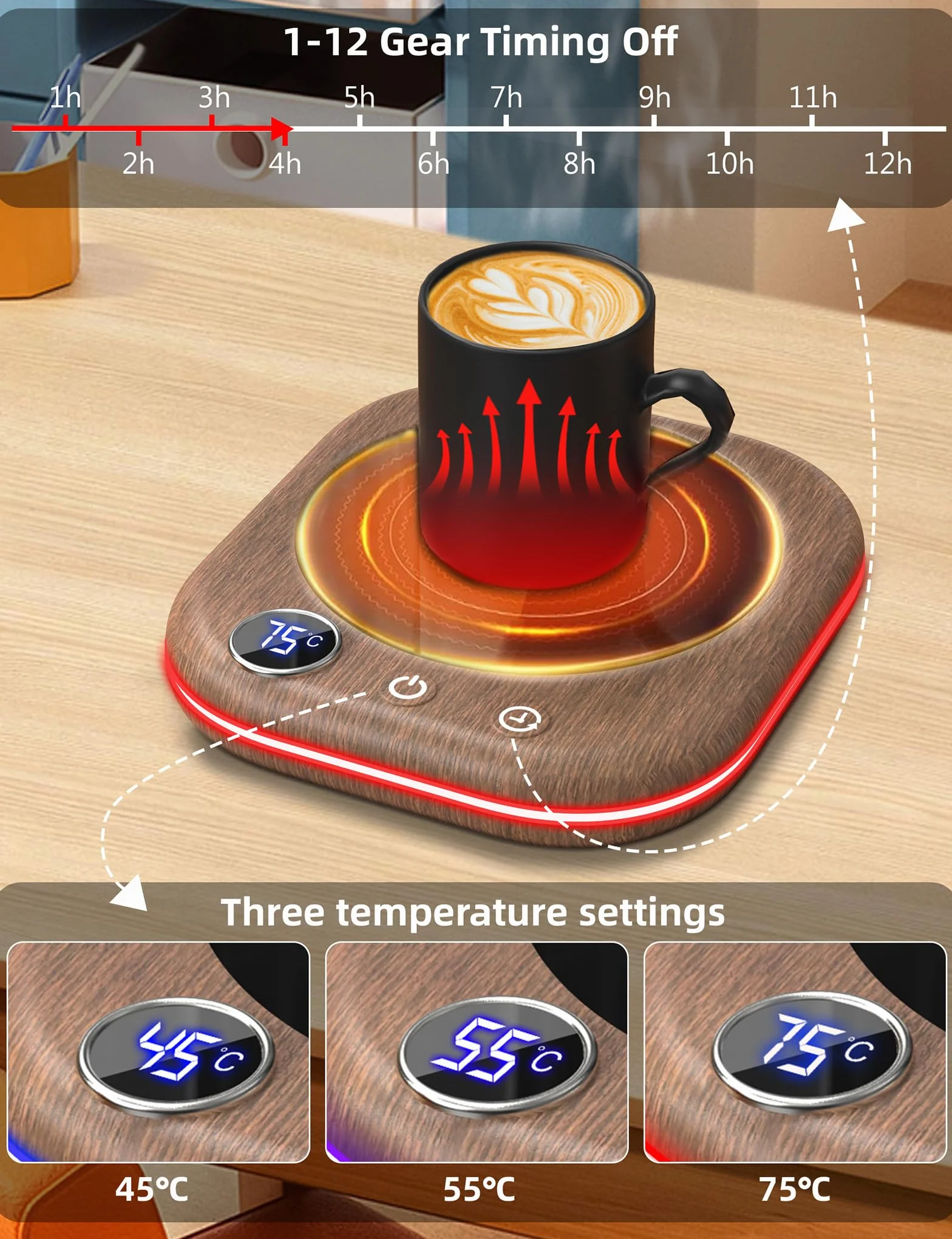 MQFORU Scaldatazze, Scalda Caffè da Tavolo con 3 Impostazioni di Temperatura, Display LCD，Spegnimento Automatico 1-12H, Scalda Candele Intelligente, Ideale per Regali di Caffè Accessori