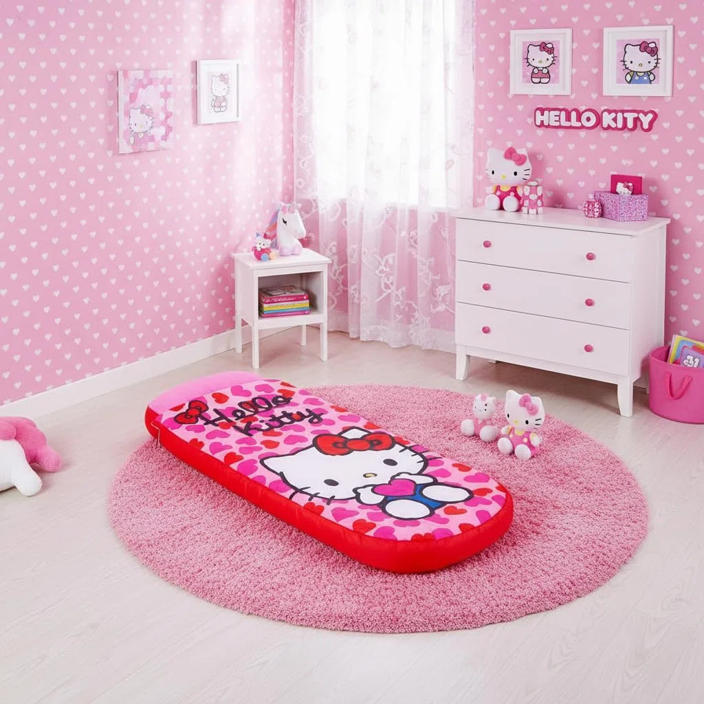 Character World Hello Kitty ReadyBed - Letto gonfiabile per bambini, sacco a pelo con pompa, materasso da viaggio per ragazze, per pigiama party, campeggio o uso domestico