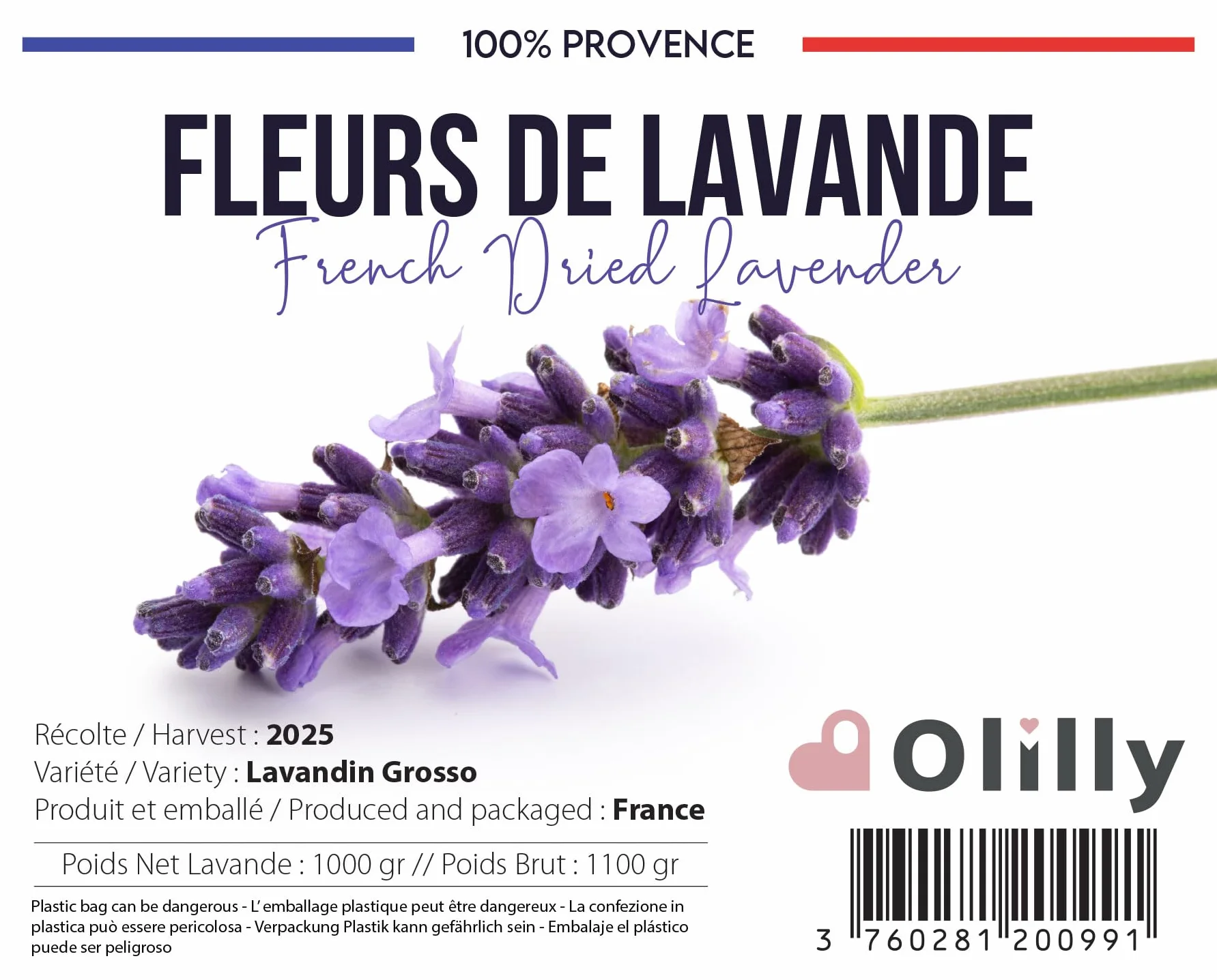 OLILLY - 1 KG - Raccolta 2025 - Fiori di Lavanda Essiccati di Provenza (Lavandin Grosso, 1000 Grammi)