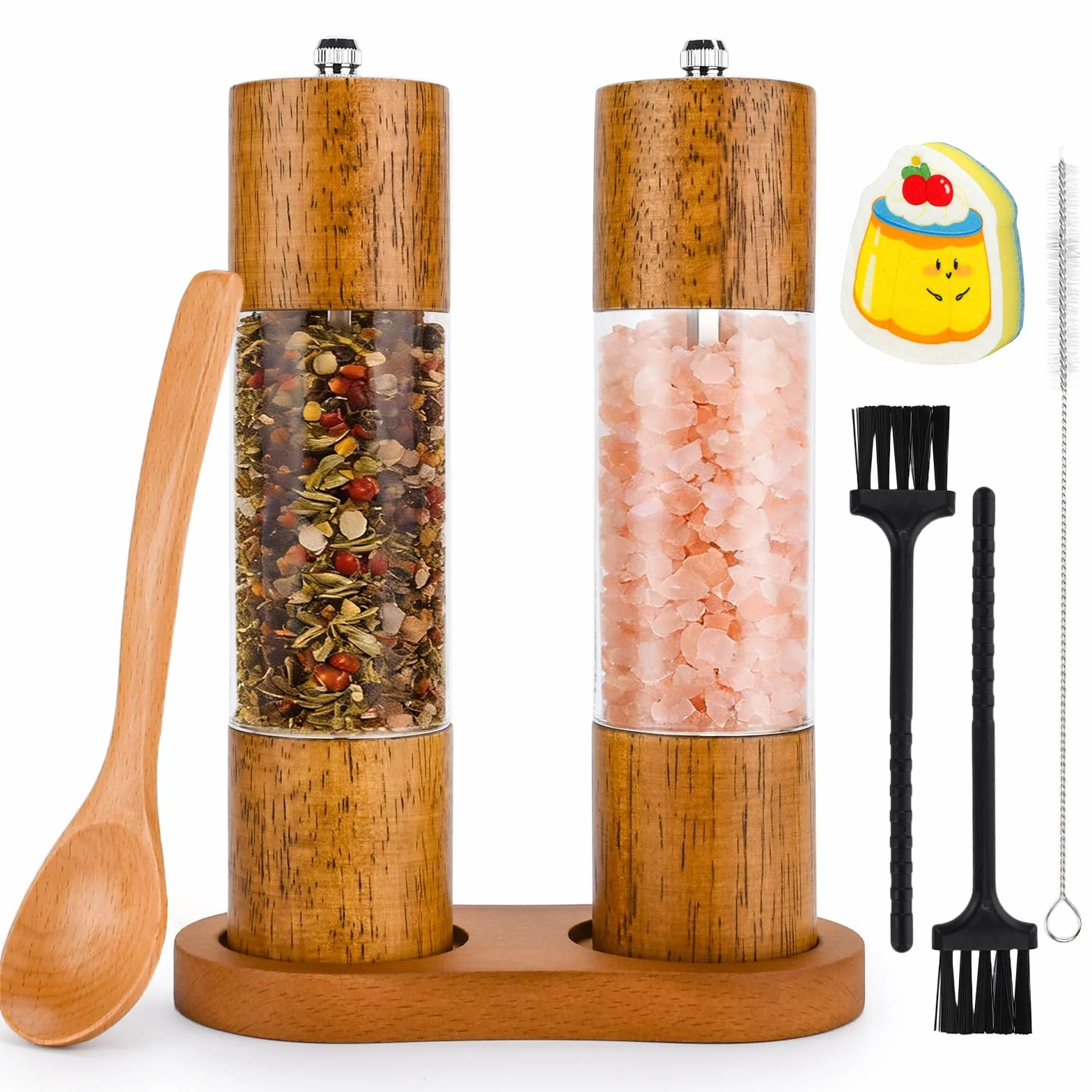 Macina Pepe,Macina Sale Pepe,Set Macina Sale e Pepe in Legno,Ceramico Regolabile Macinapepe,Macinino per Pepe con Trasparenti Finestra in Acrilico,per Cumino Erba Sesamo,Spezie, Finocchi