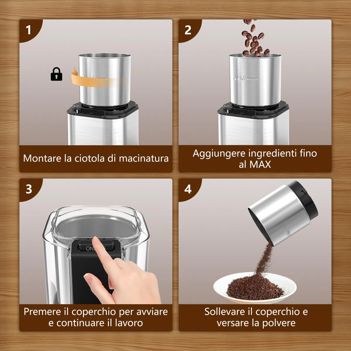 QEXREED Macina Caffe' Elettrico 150W, Macinacaffè Elettrico con Contenitori Rimovibili in acciaio inossidabile, 60g Capacità, per Chicchi di Caffè, Spezie, Cereali, Pepe, Noci