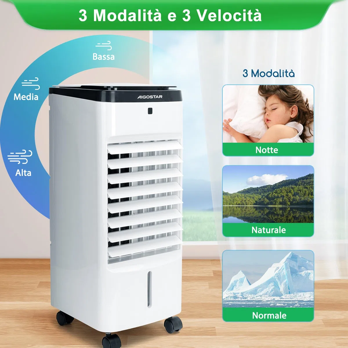 Aigostar Olaf - Raffrescatore evaporativo con telecomando a 3 modalità di vento e velocità. Con timer per lo spegnimento auto. Serbatoio d’acqua da 3.5L. Base con ruota girevole per lo spostamento