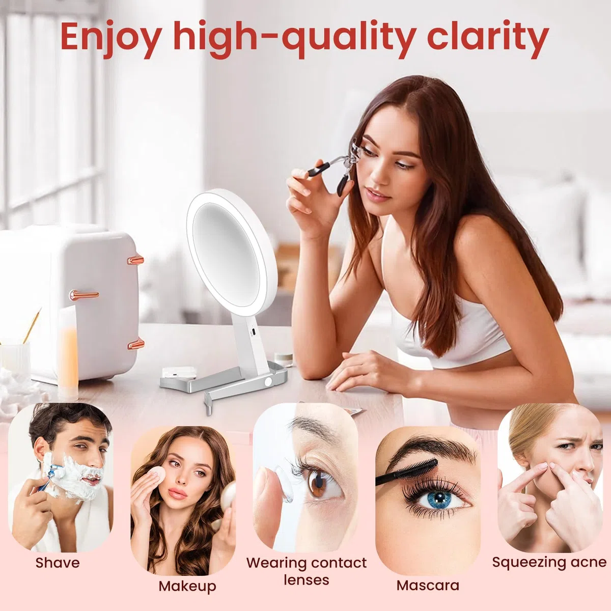 Specchio Trucco con Luci, Specchio Ingranditore 10X/1X a Doppio Lato, Luminosità Regolabile a 3 Colori, Specchio da Tavolo Pieghevole con Foro, Specchio Ricaricabile e Portatile per Viaggio e Casa