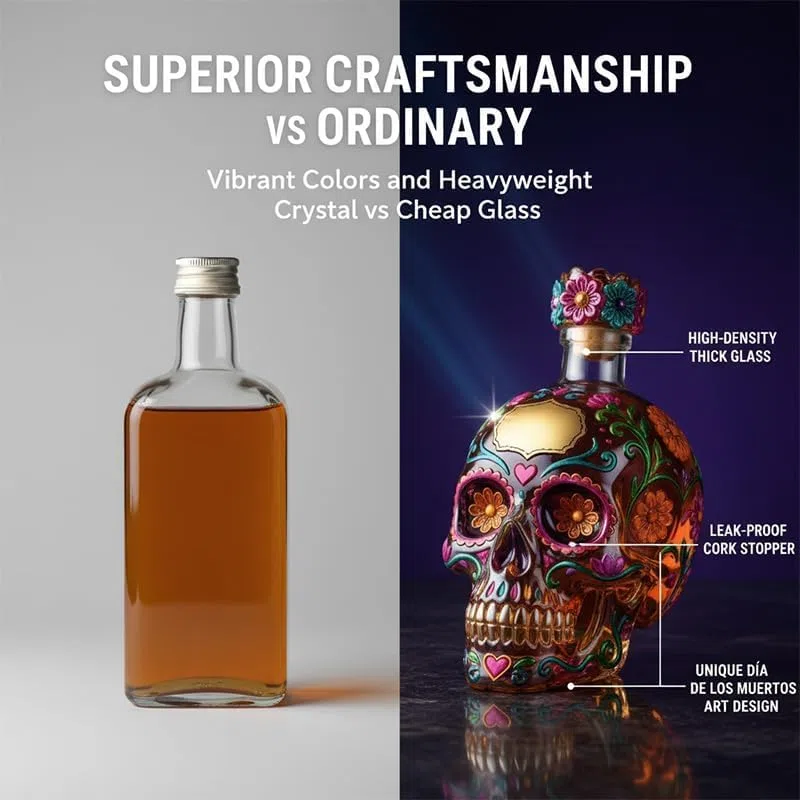 Bottiglia decanter a forma di teschio gotico 2026, decorativa in edizione limitata, dipinta in vetro dipinto, per liquori, decanter vuoto per whisky, creativo con design floreale per feste di