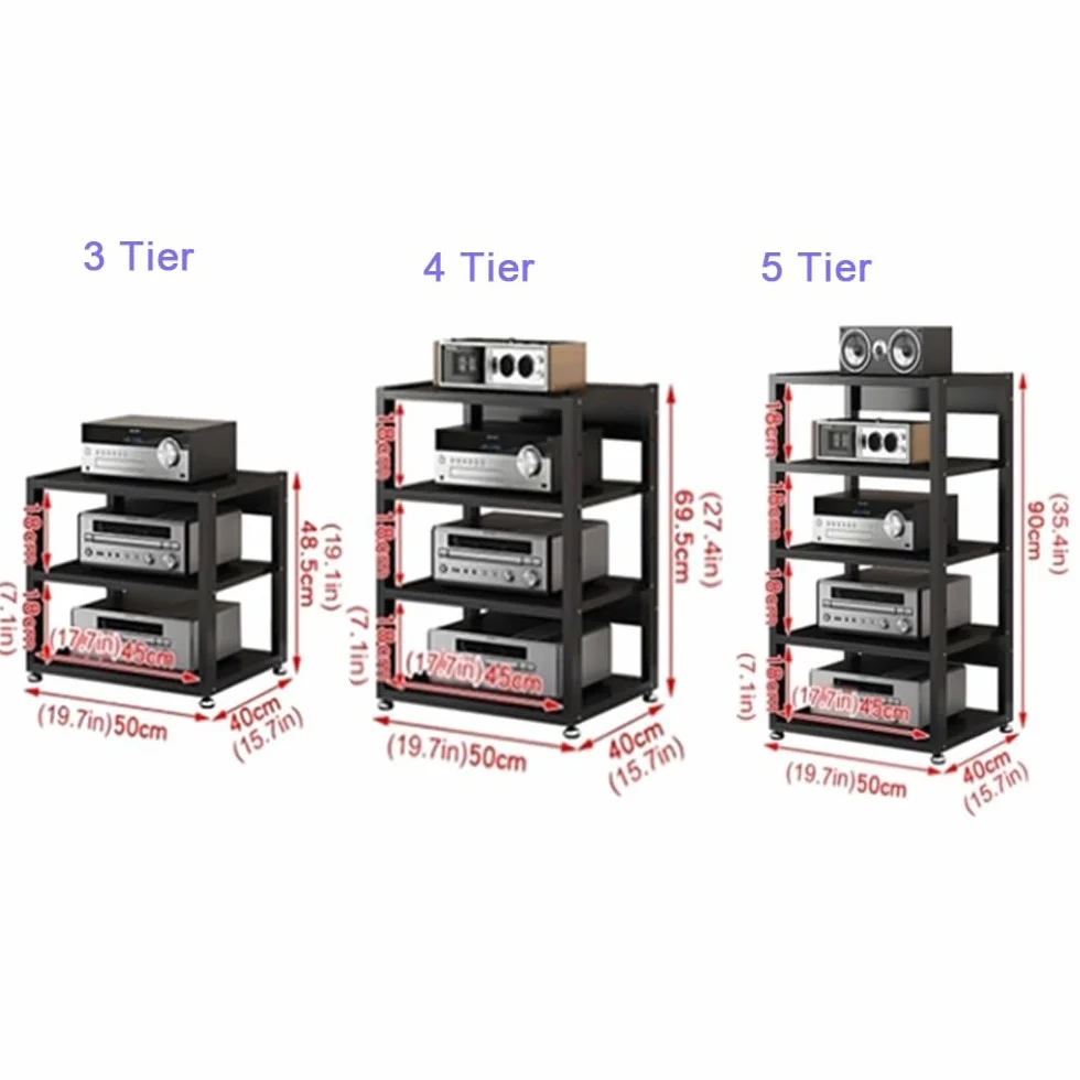 3 4 5 Livelli Mobile Componenti Stereo, HiFi Rack Audio AV Tower Media Stand, Rack Amplificatore Supporto Per Giradischi, Regolabile Mobiletto Portaoggetti, Legno & Metallo(Black,4 Tier-50X40X6