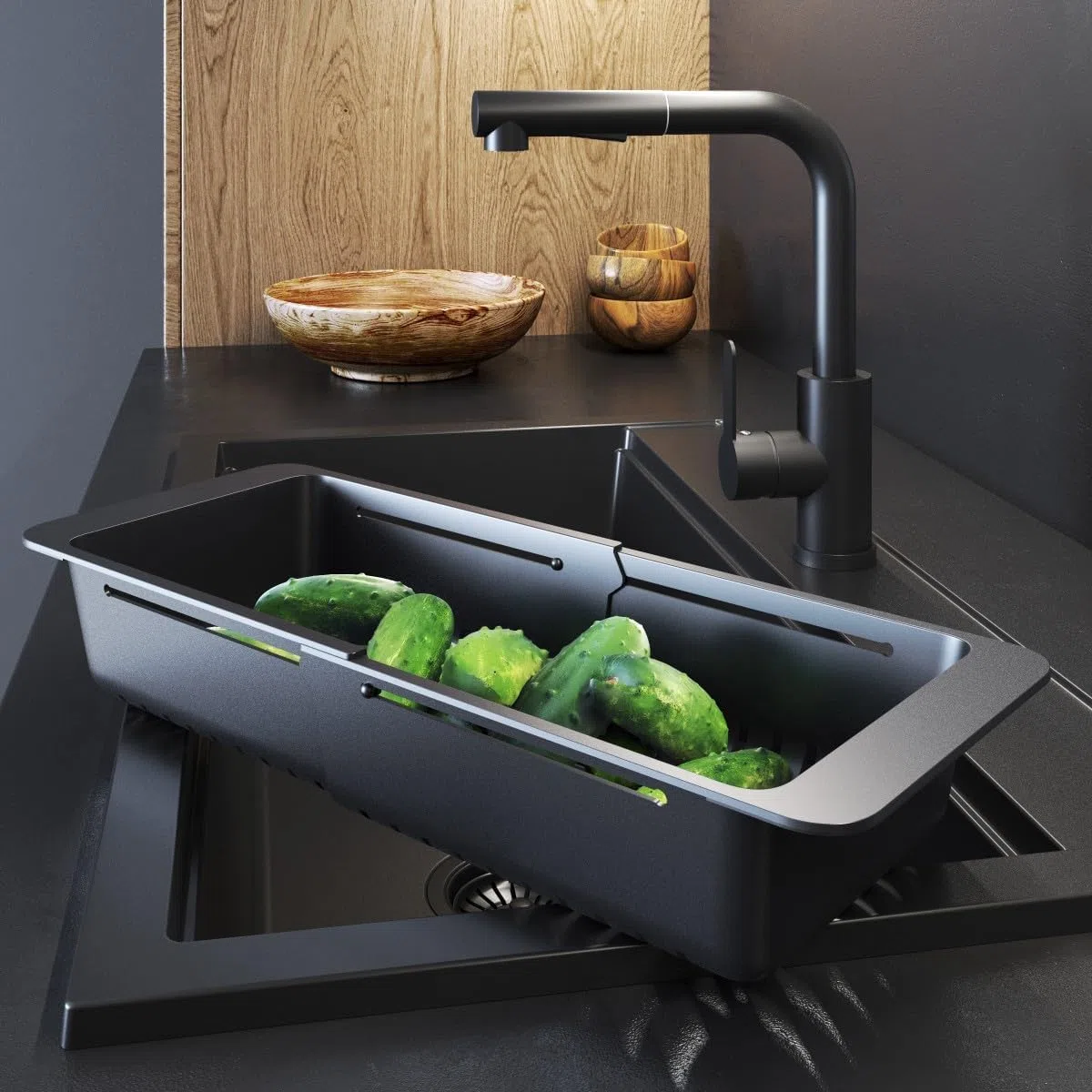 Cestino per Lavandino Cucina per Frutta e Verdura - Regolabile (32-46 cm) Gocciolatoio per Lavello - Scolapasta da Lavello - Nero - Granitan