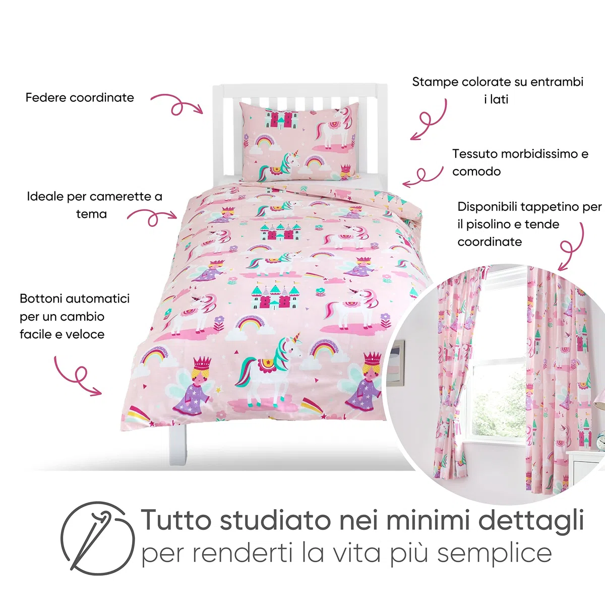 Bloomsbury Mill - Set biancheria da letto per bambini - Unicorno, Principessa e Arcobaleni - Set Copripiumino Lettino e federa per Ragazee - Lenzuola Culla per junior e bambino - Rosa -120 x 150 cm