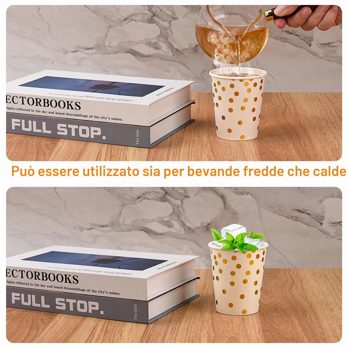CEILIWEN Confezione da 100 bicchieri di carta da festa in oro nero, 9 oz/250 ml, per bevande calde e fredde (bianco-oro)