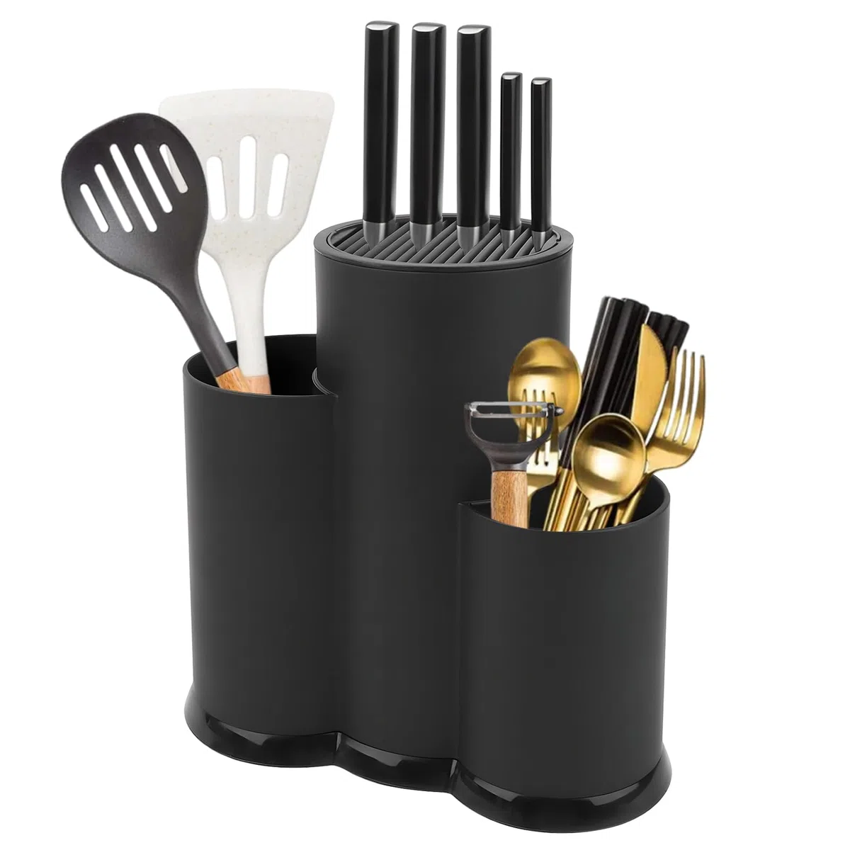 3 in 1 Ceppo Coltelli da Cucina, Nero Porta Coltelli Cucina con Foro Scarico e Slot Porta, Universal Portacoltelli da Cucina Vuoto, Rotondo Porta Utensili da Cucina, Mantiene Coltelli 8 Pollici