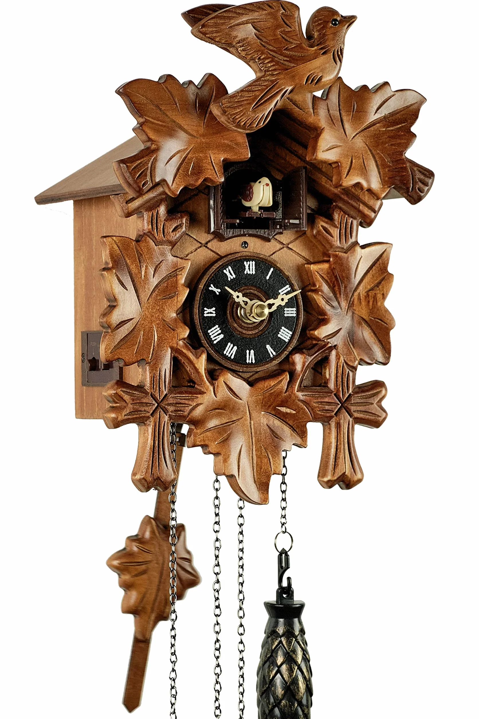 orologio a cucù, in vero legno, alimentato a batterie, a quarzo, suona il richiamo del cuculo, a cinque foglie, 22 cm