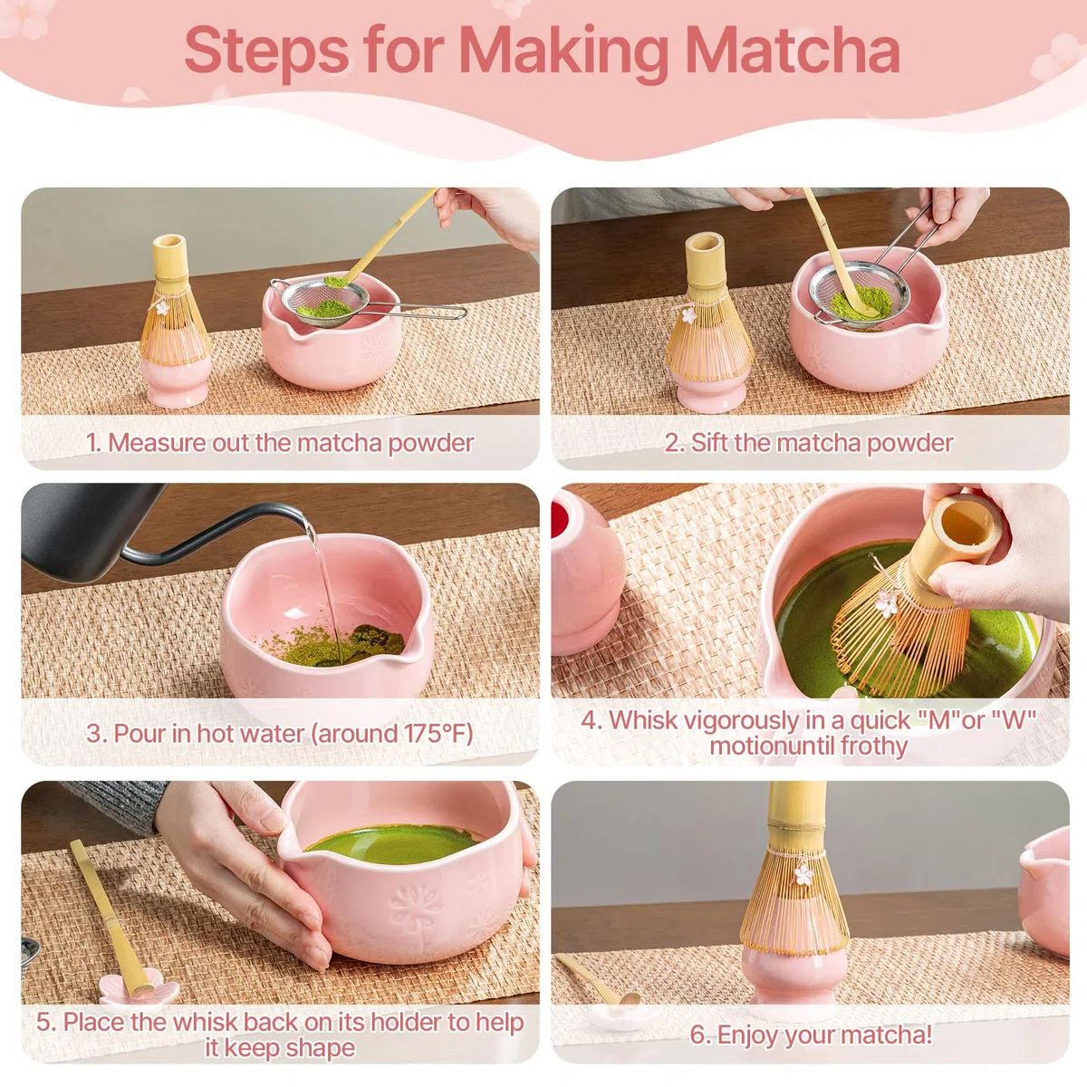 TIZU Set da tè Matcha, 8 pezzi, set con frusta, ciotola con beccuccio, paletta, cucchiaio, setaccio, porta frusta, regalo tradizionale giapponese per gli amanti del tè matcha (rosa)