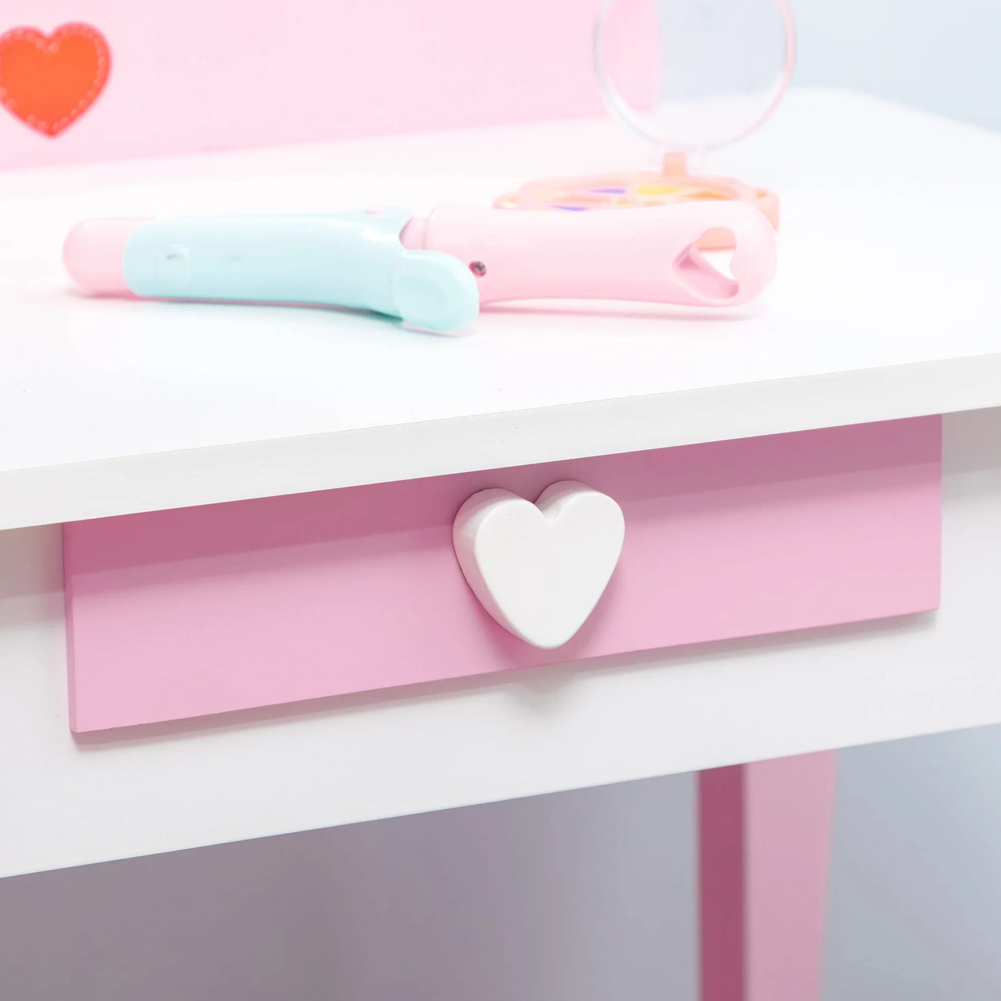 ZONEKIZ Set Tavolo Trucco con Sgabello e Specchio e Cassetto in Legno MDF per Bambini da 3-6 Anni, Bianco e Rosa