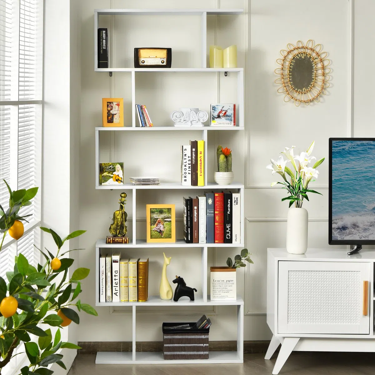 HOMASIS Libreria da Parete a 6 Livelli, Libreria Scaffale in Legno, Divisorio a Parete Multifunzionale con Design Antiribaltamento, Scaffale a S per Ufficio, Salotto, 80 x 23 x 191cm (Bianco)