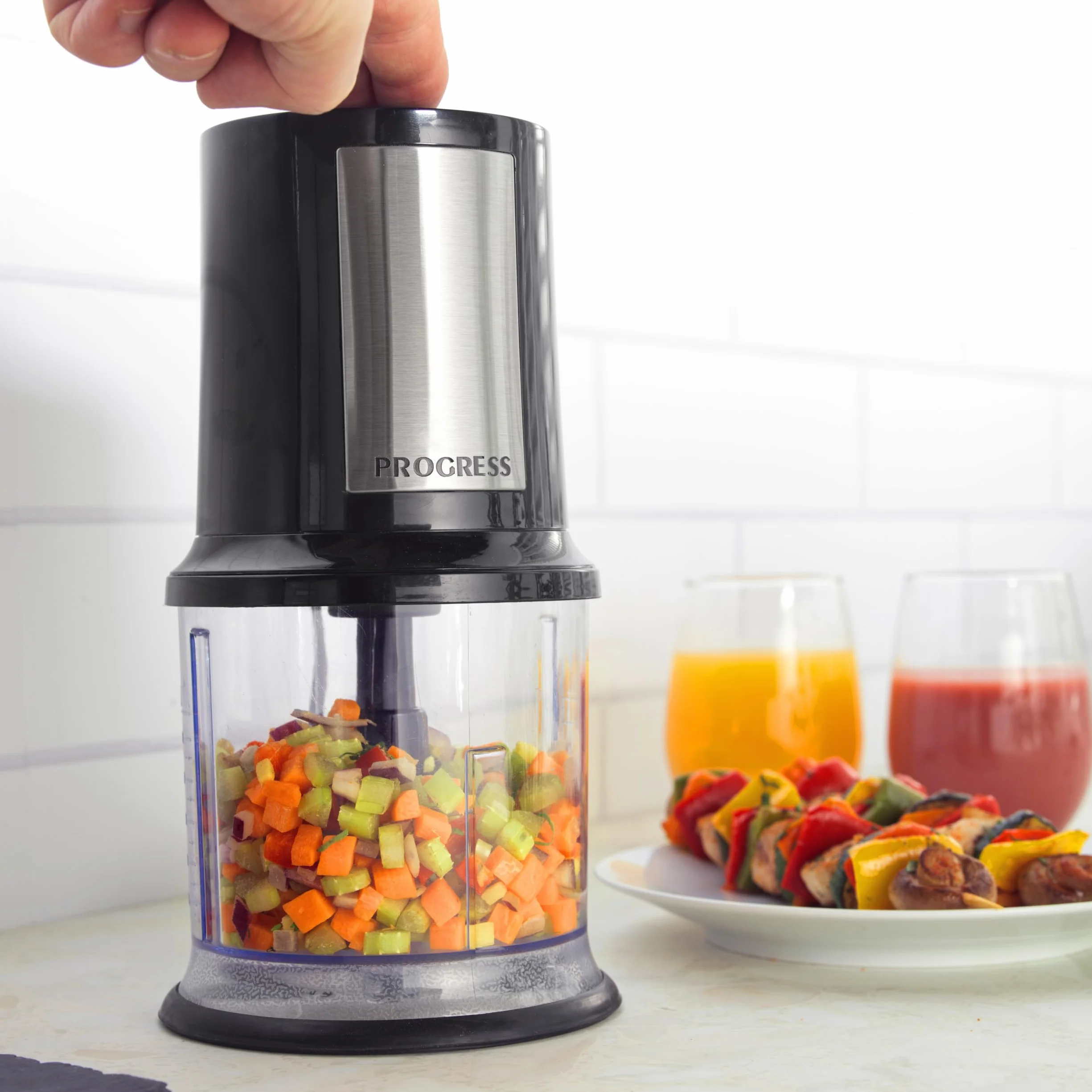 Progress EK5879P Tritatutto elettrico – Robot da cucina compatto, ciotola per tritare da 500 ml, tritaverdure multifunzione, doppia lama staccabile in acciaio inossidabile, funzionamento one-touch