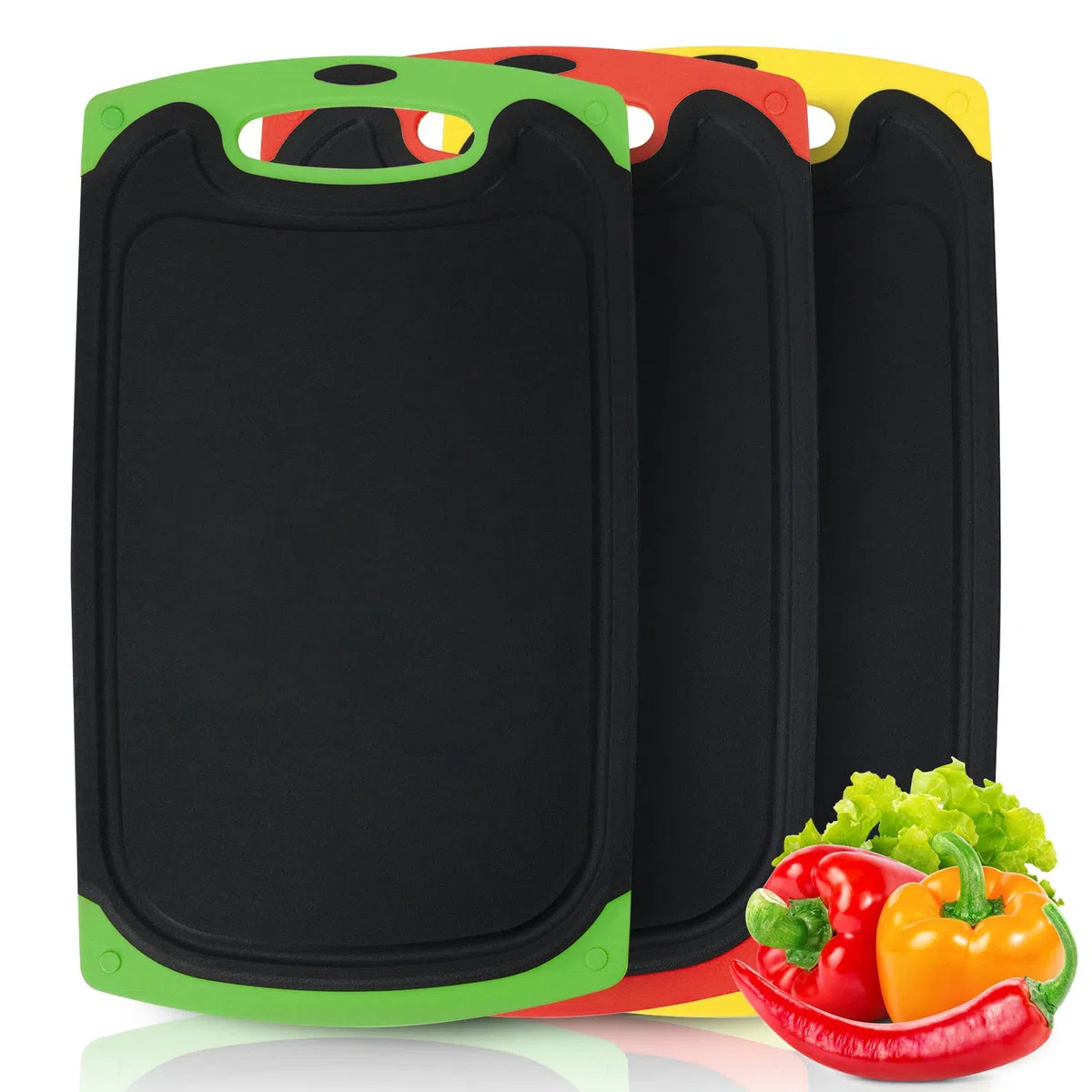 Set 3 Tagliere da Cucina, Taglieri Plastica Rettangolare e Antiscivolo con Bordi, Tagliere Multifunzione Grande Antibatterico e Resistente con Scanalatura Del Succo, per Tagliare,Carne,Pane(Nero)