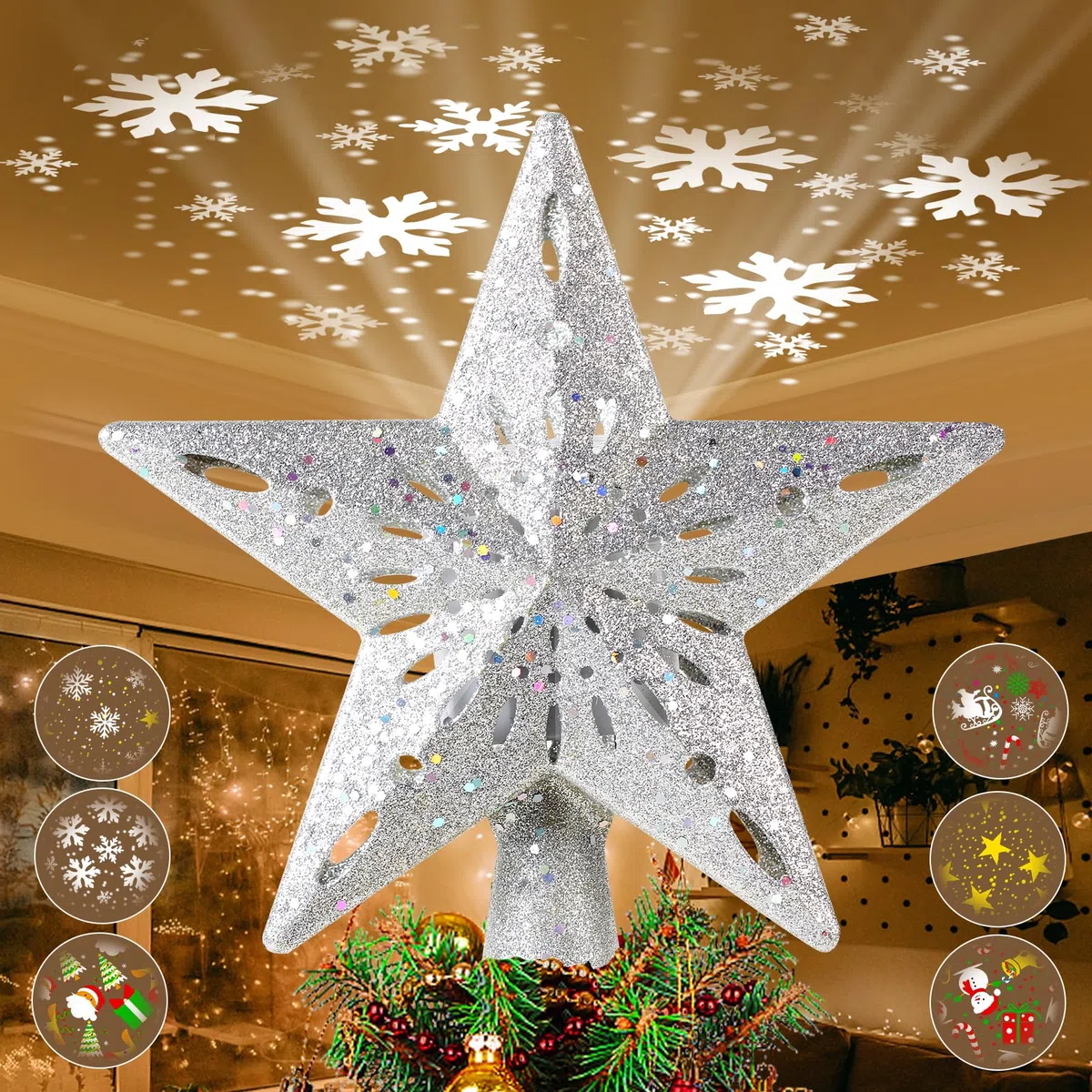TEPENAR Puntale per albero di Natale a stella: puntale per albero di Natale con 6 modalità di proiezione, proiettore rotante a LED integrato, 3D, con glitter, decorazione per feste di Natale, colore: