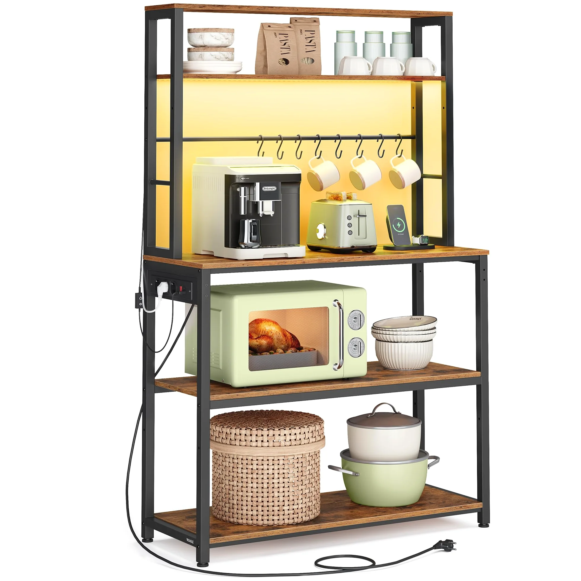 VASAGLE Scaffale da Cucina con LED, Scaffale per Microonde con Multipresa, Ripiani Regolabili, 8 Ganci, 40 x 80 x 168,4 cm, Marrone Vintage e Nero Opaco KKS050KD01