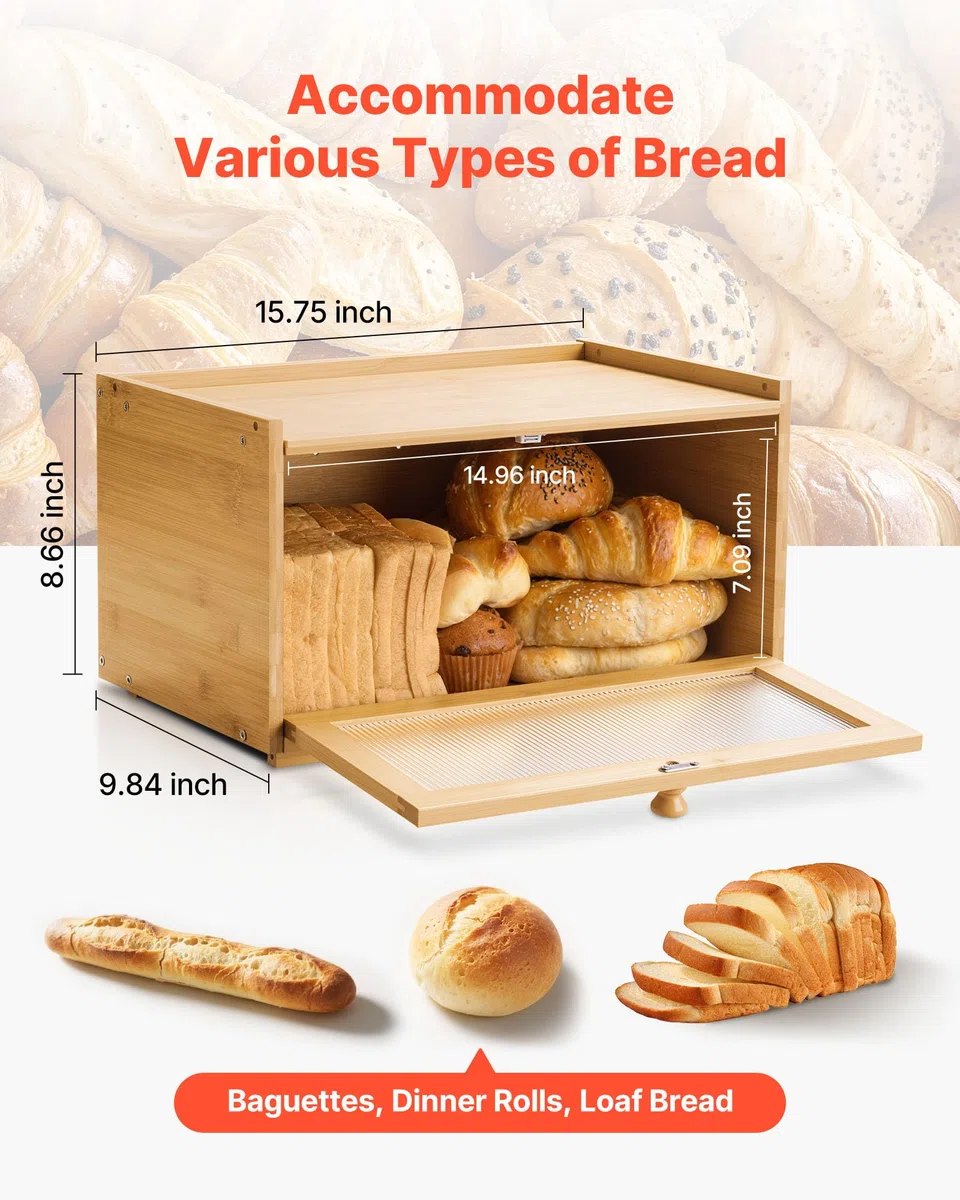VEVOR Contenitore per Pane da Cucina 400 x 250 x 220 mm Contenitore per Pagnotta in Legno di Bambù per Pane Fatto in Casa, con Pannello Porta in Acrilico Ondulato, Forma di Rettangolo