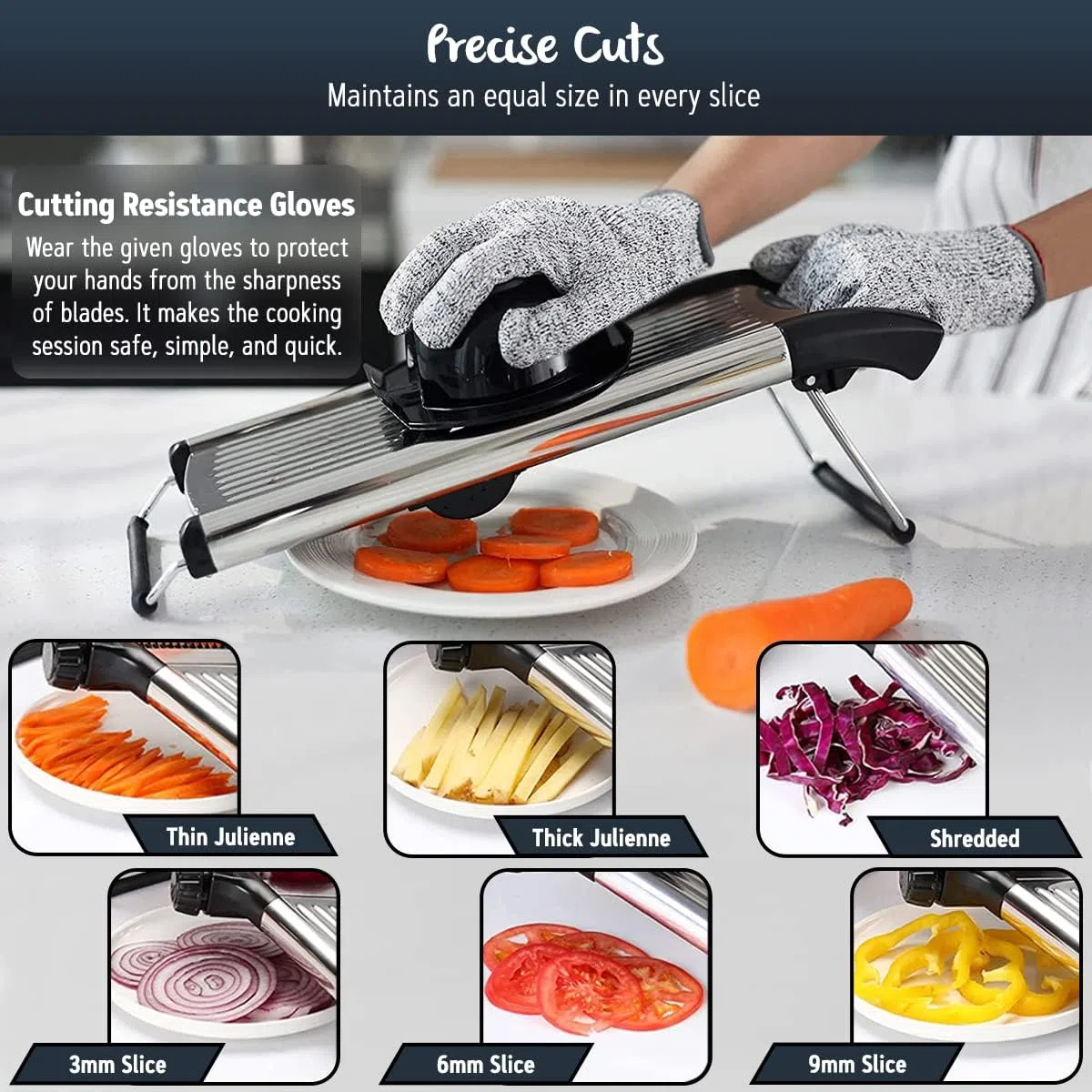 ADOV Mandolina per Verdure, Lame in Acciaio Inox Professionale Tagliaverdure Julienne con Guanti Sicurezza, Regolabile Multifunzione Cucina Affetta Verdure per Tagliare Grattugiare Patate Frutta