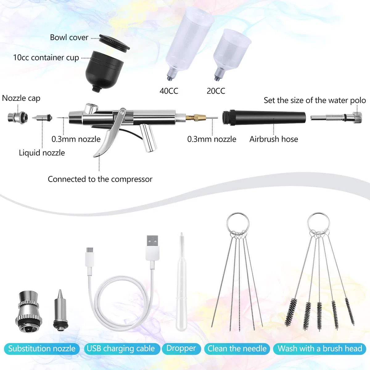 Kit aerografo con compressore – portatile e ricaricabile, con ugello da 0,3 mm, 5 aghi per pulizia e cavo di ricarica USB-C. Adatto per modellismo, cosmetici, nail art e decorazione torta