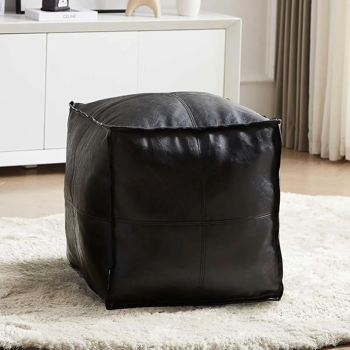 Louis Donné Pouf per pouf non imbottito, 17,7", quadrato, pouf ottomano, per soluzioni di stoccaggio, poggiapiedi in pelle impermeabile, per poggiapiedi (nero)