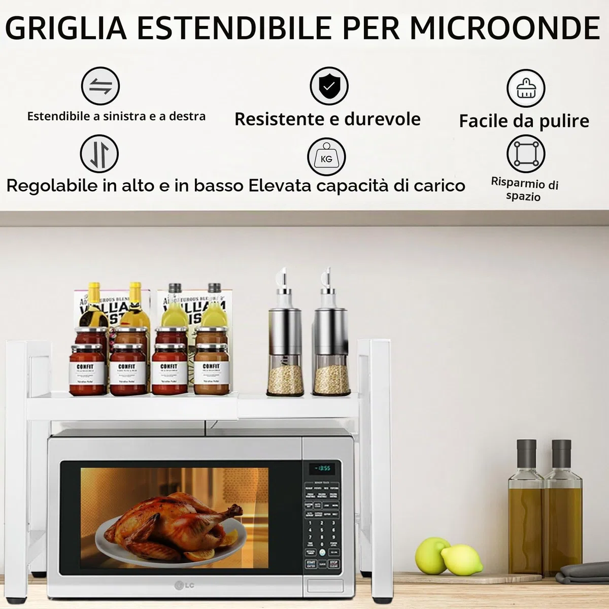 devesanter Scaffale per microonde espandibile a 2 livelli, organizer per microonde con 5 ganci, scaffale da cucina, porta spezie, piano di lavoro, scaffalature per panettieri per dimensioni da 40-64