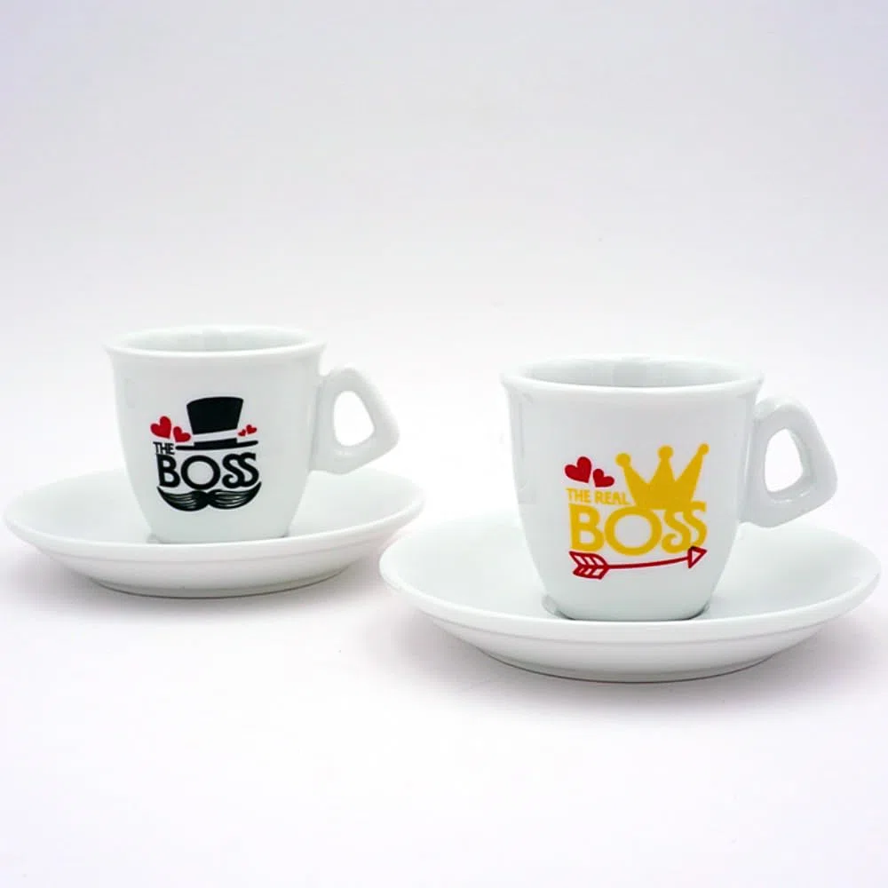 BrandPrint Set 2 Tazzine Caffè con Piattino - Serigrafia Artigianale THE BOSS, THE REAL BOSS in Box Elegante - 100% Made in Italy - Regalo Coppia San Valentino, Anniversario, Casa Nuova, Matrimonio