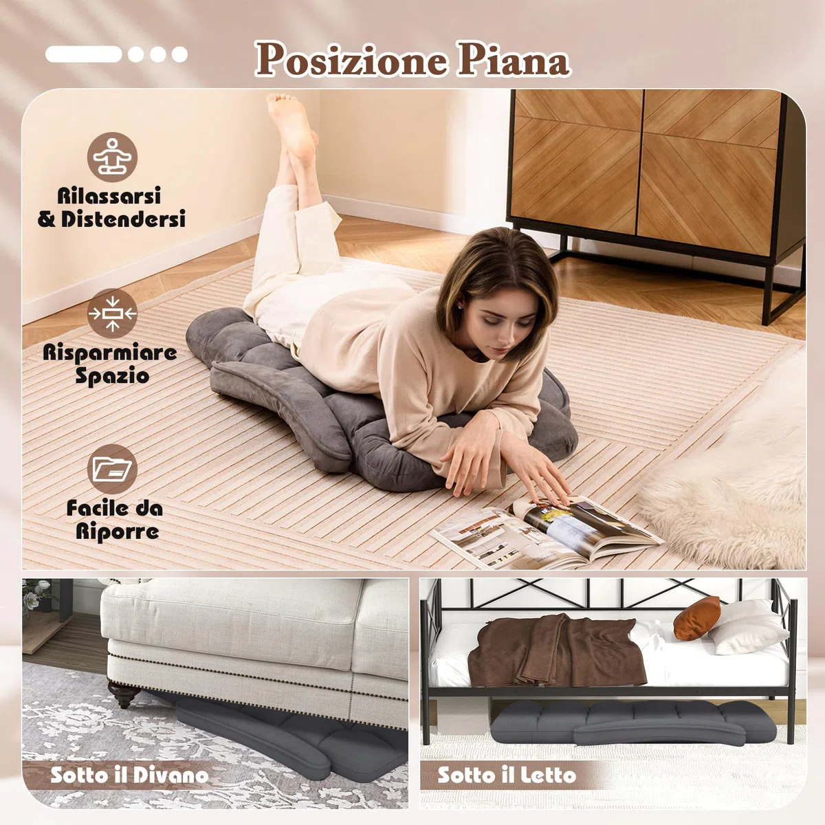 COSTWAY Sedia da Pavimento, Poltrona Divano con Schienale Regolabile 6 Livelli, Sedia Terra con Braccioli, Chaise Lounge per Soggiorno Camera da Letto, 60 x 64 x 54 cm