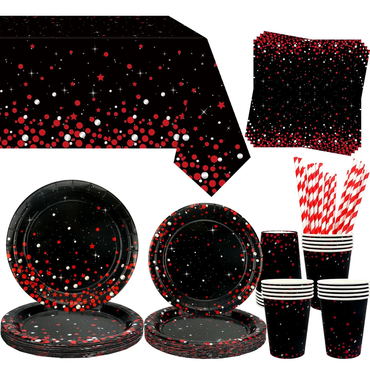 Decorazione per feste rosso e nero - Stoviglie di compleanno rosso e nero con piatti, bicchieri, tovaglioli, tovaglie, cannucce - per 20 persone