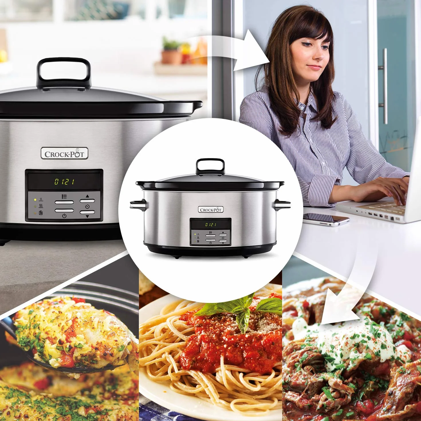Crock-pot Pentola per Cottura Lenta, Slow Cooker, Extra Large 7.5 litri, fino a 10 Persone, Spegnimento Automatico, 2 Impostazioni Cottura e Funzione Warm automatica, 230 W, Ceramica, Argento