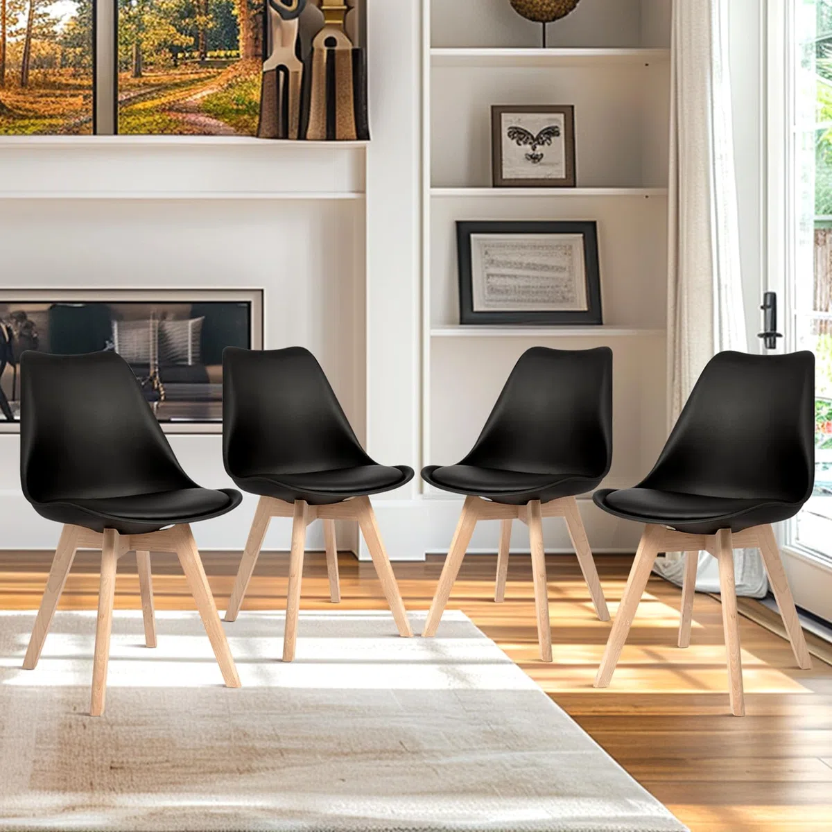 CangLong Set di 4 sedie da ufficio con gambe in legno massiccio di faggio, sedie imbottite dal design retrò del Mid Century per la cucina, la sala da pranzo e il soggiorno, nero