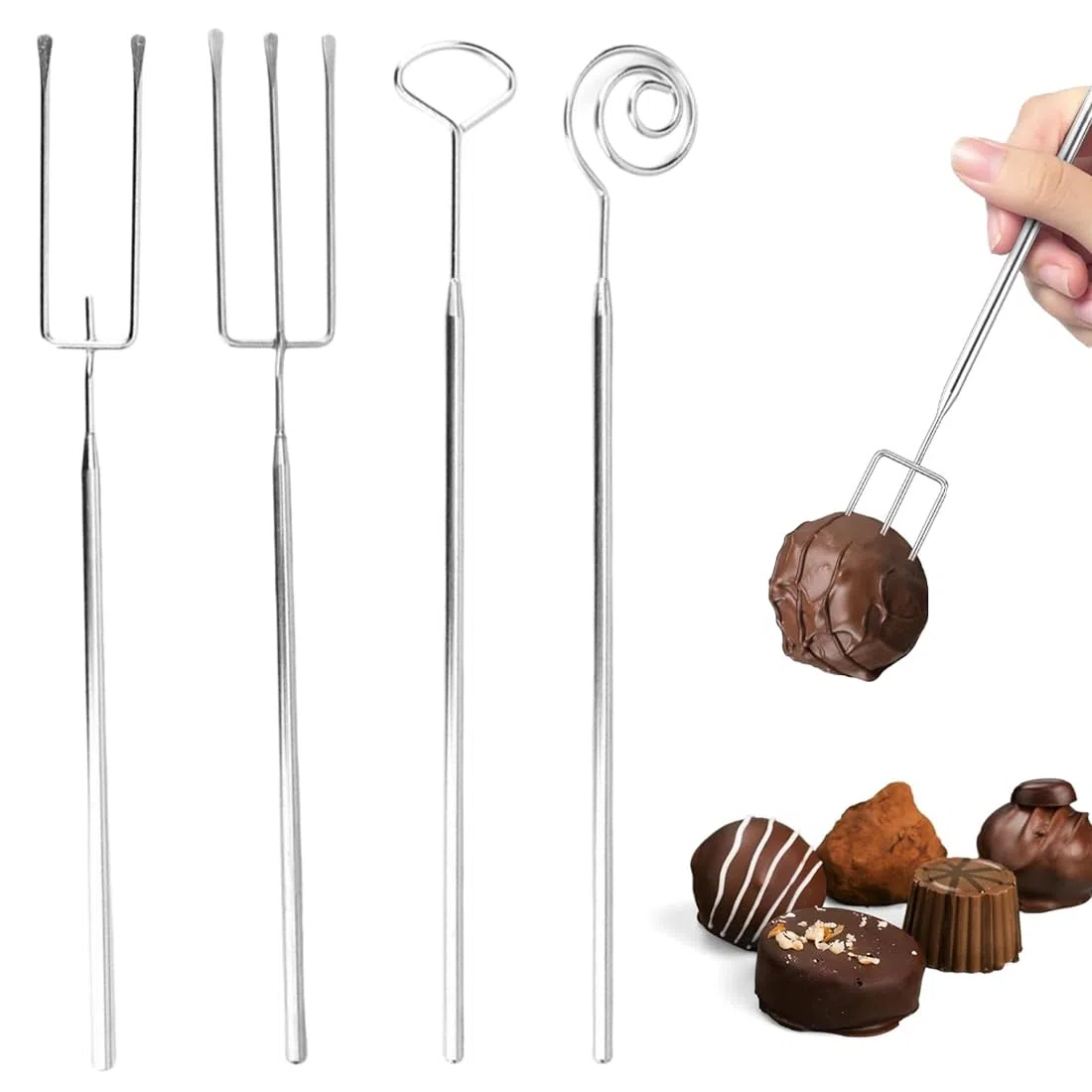 NHQZ Set Forchette per Cioccolato, 4 Pezzi, Posate in Acciaio Inossidabile per Praline Fai da Te, Forchetta a Spirale e Forchette per Immersione e Posizionamento, Facile da Pulire