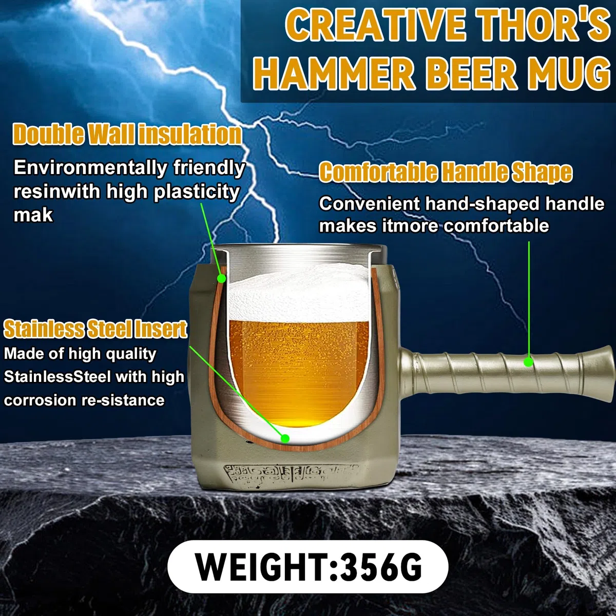 ZONSUSE Tazza Personalizzata Acciaio Inox,Tazze Colazione ThorTazze Martello Thor,Boccale di Birra Creativo,Tazze Caffe Particolari,Regalo di Compleanno per Uomini e Donne, Famiglia e Amici (Oro)