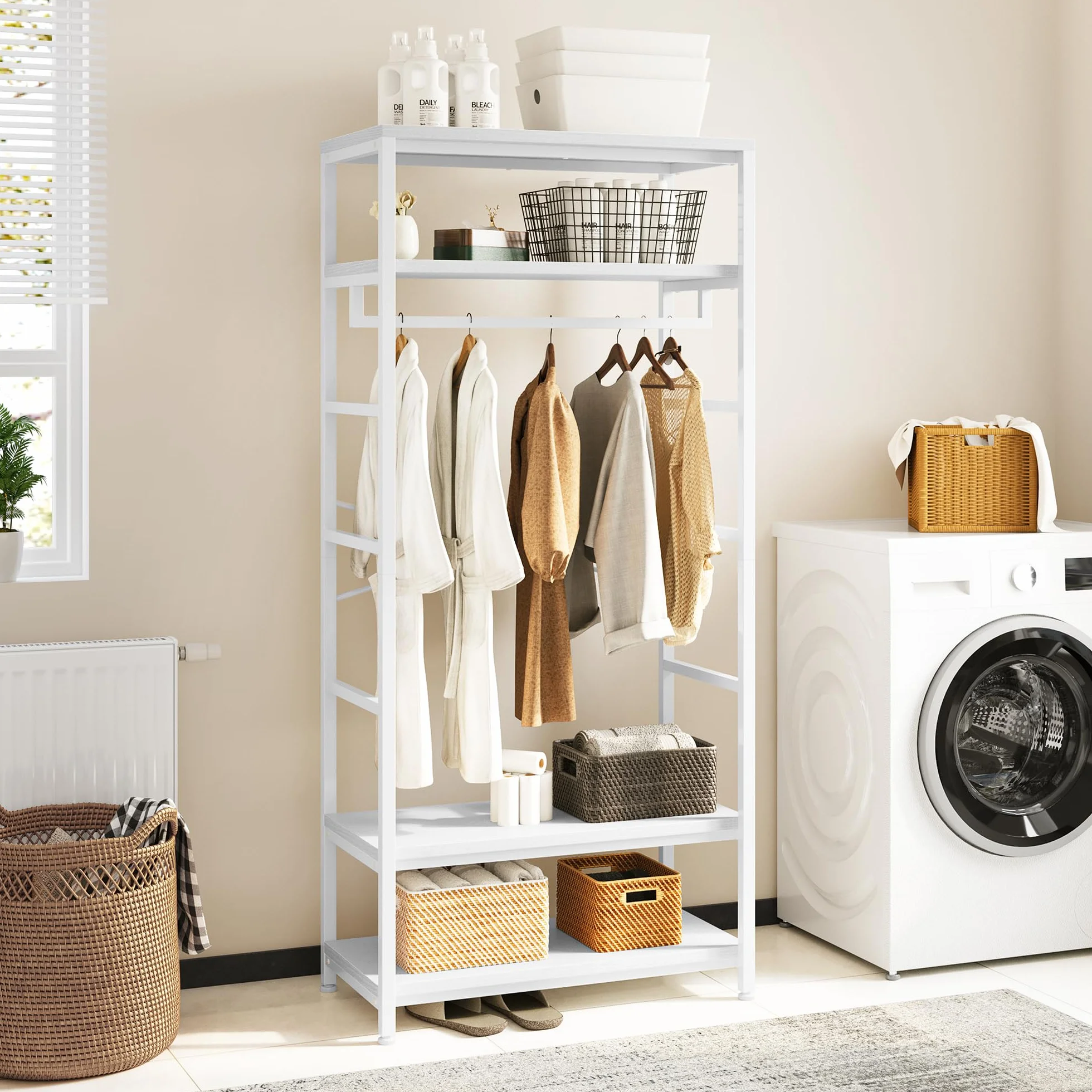 YITAHOME Appendiabiti con Portascarpe, Attaccapanni da Pavimento con 4 Ripiani, Porta Abiti Industriale, Scaffale per Abbigliamento, per Ingresso Corridoio Soggiorno, Bianco