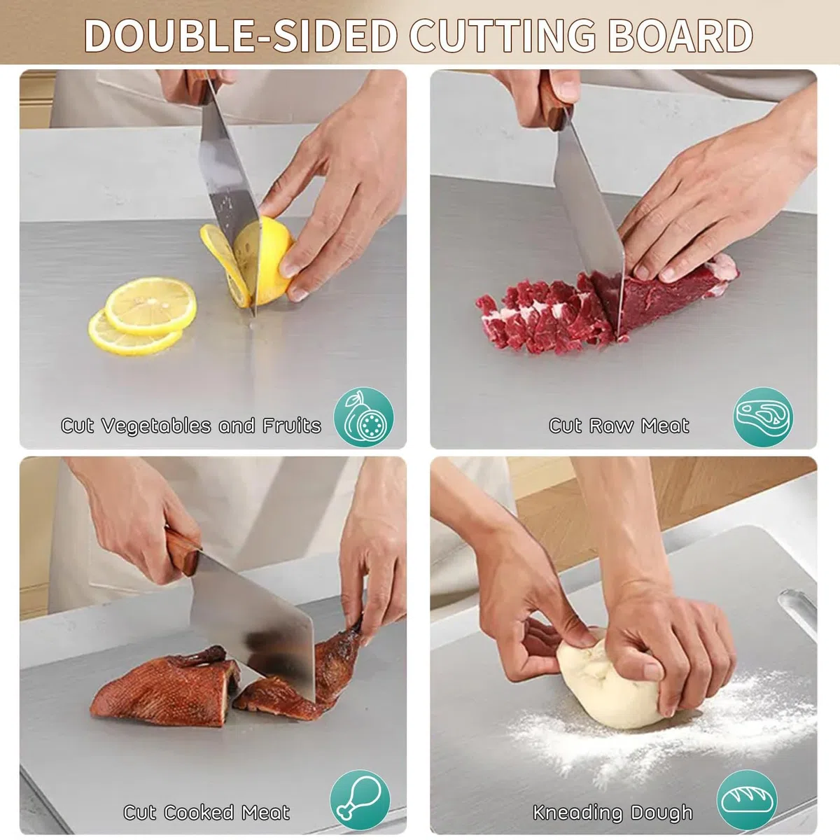 3 Pezzi Tagliere Acciaio Inox, Tagliere in Titanio per Cucina, Doppio Lato Igienico e Resistente, Ideale per Carne, Frutta e Verdura in Cucina