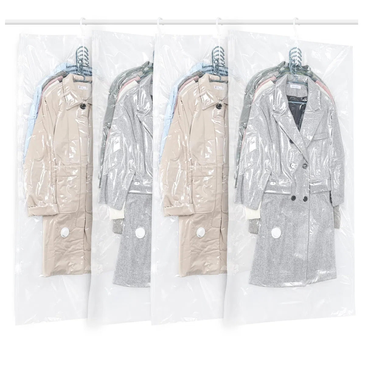 Sacchetti sottovuoto vestiti da appendere, 4 pezzi, Vacuum storage bags salvaspazio per vestiti, organizer per armadio, Sacchetti vestitii trasparente e riutilizzabile, (4 lunghi 145 x 70 cm)
