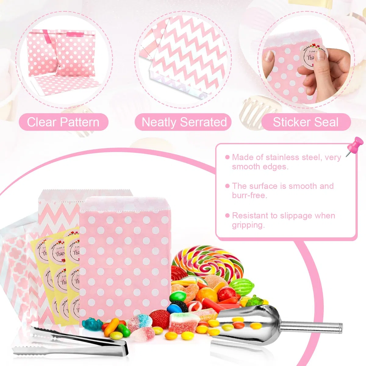 69 Pezzi Candy Bar Accessori per Candy Bar Accessori Candy Bar Sacchetti per Candy Bar Paletta Ghiaccio Pinza Ghiaccio Adesivi Candy Bar Banner Palloncini per Decorazioni Matrimoni Compleanni e Feste(